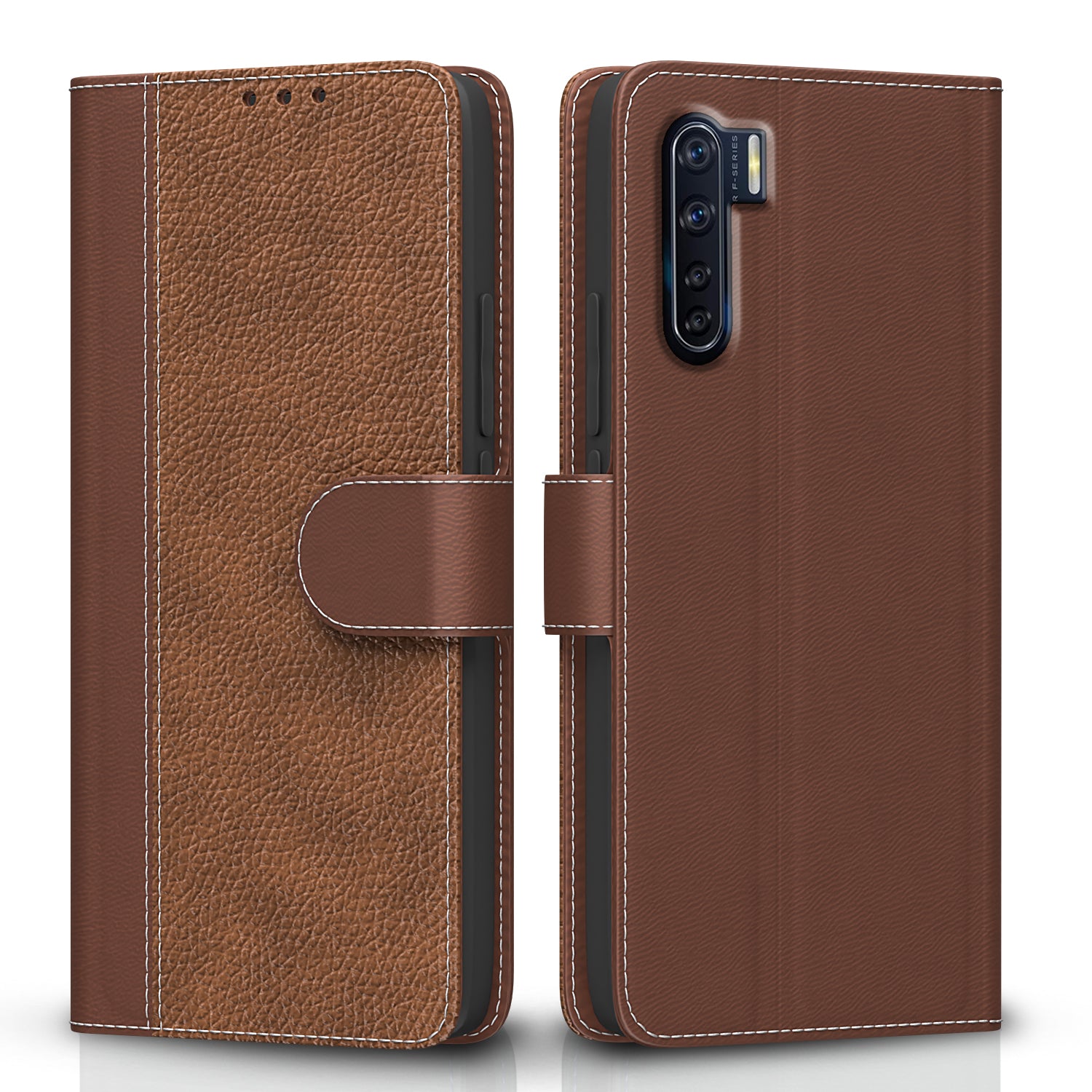 Pikkme Oppo F15 Double Contrast Leather Finish Flip Cover - Tan