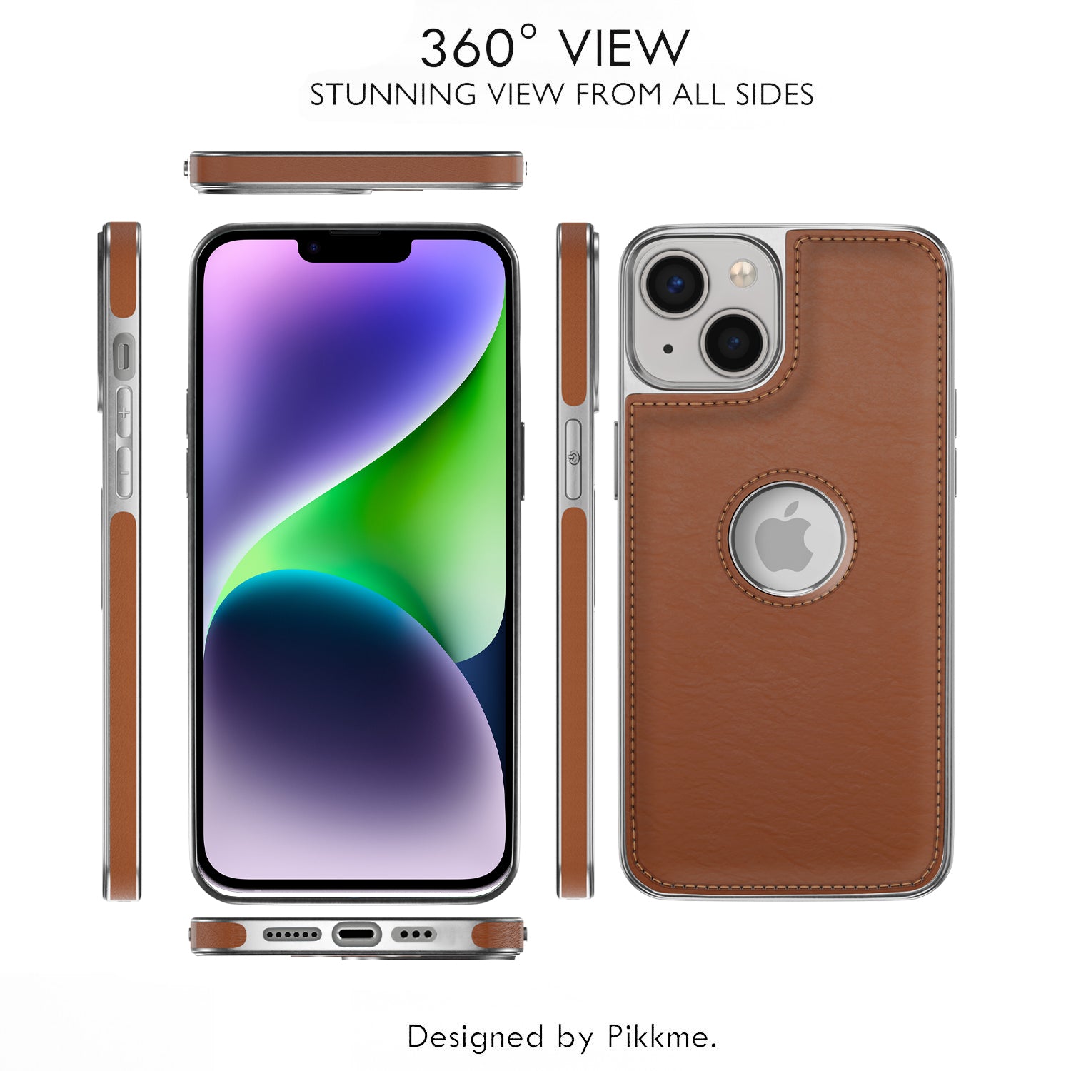 Pikkme iPhone 14 Silver Electroplated Chrome Leather Back Cover (Tan)