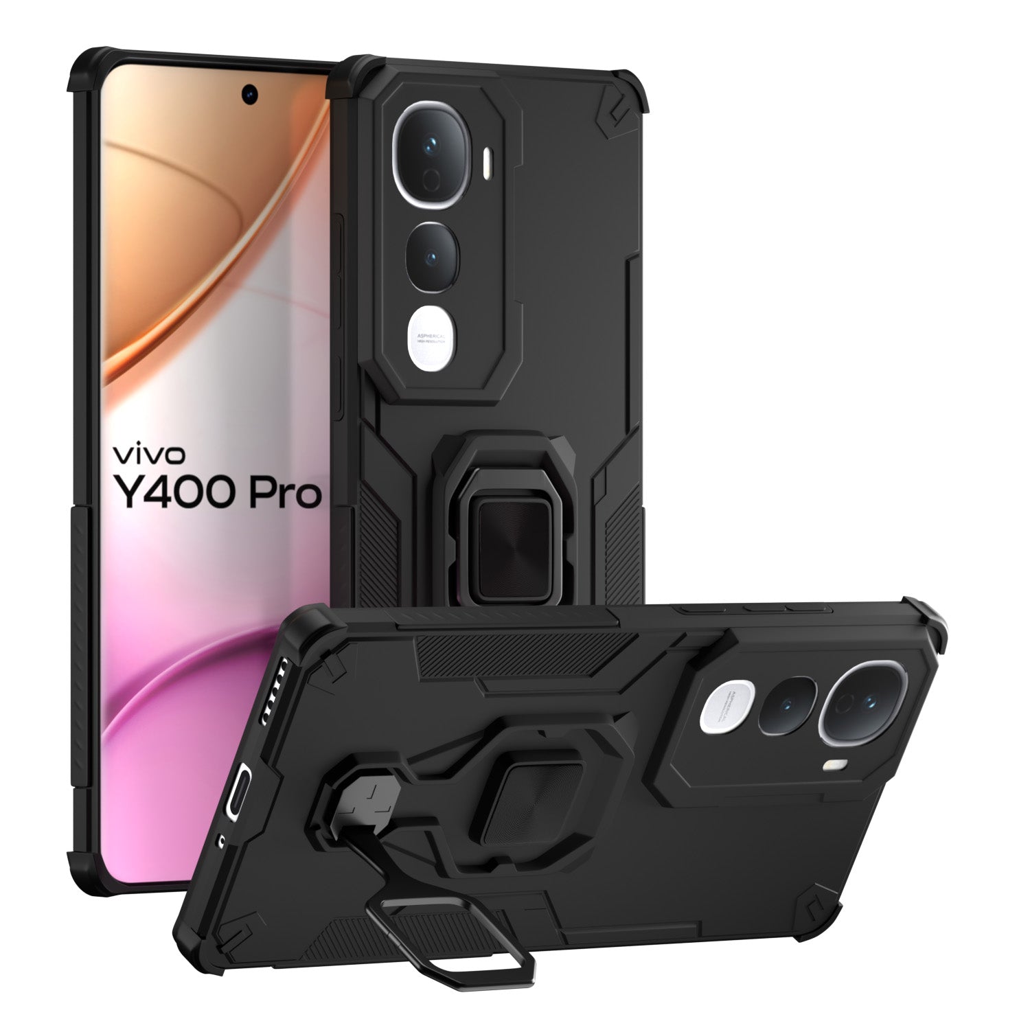 Pikkme Vivo Y400 Pro 5G D15  Tough Armor Kisckstand Back Cover  -  Black