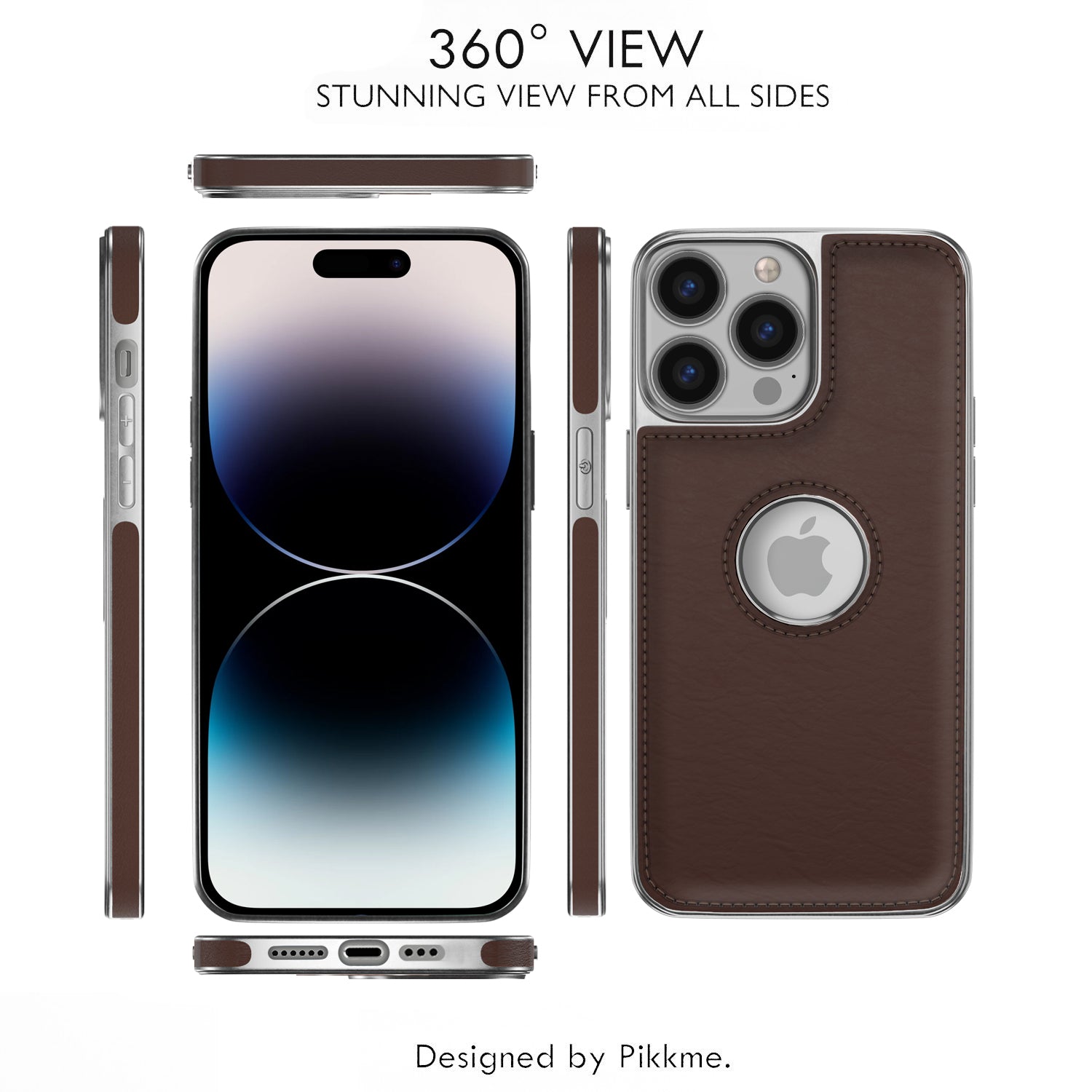 Pikkme iPhone 14 Pro Max Silver Electroplated Chrome Leather Back Cover (Coffee)