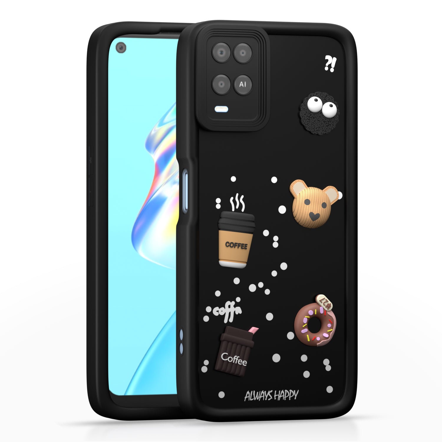 Pikkme Oppo A54 Cute Fun Cartoon 3D Bear Coffee Back Cover (Black)