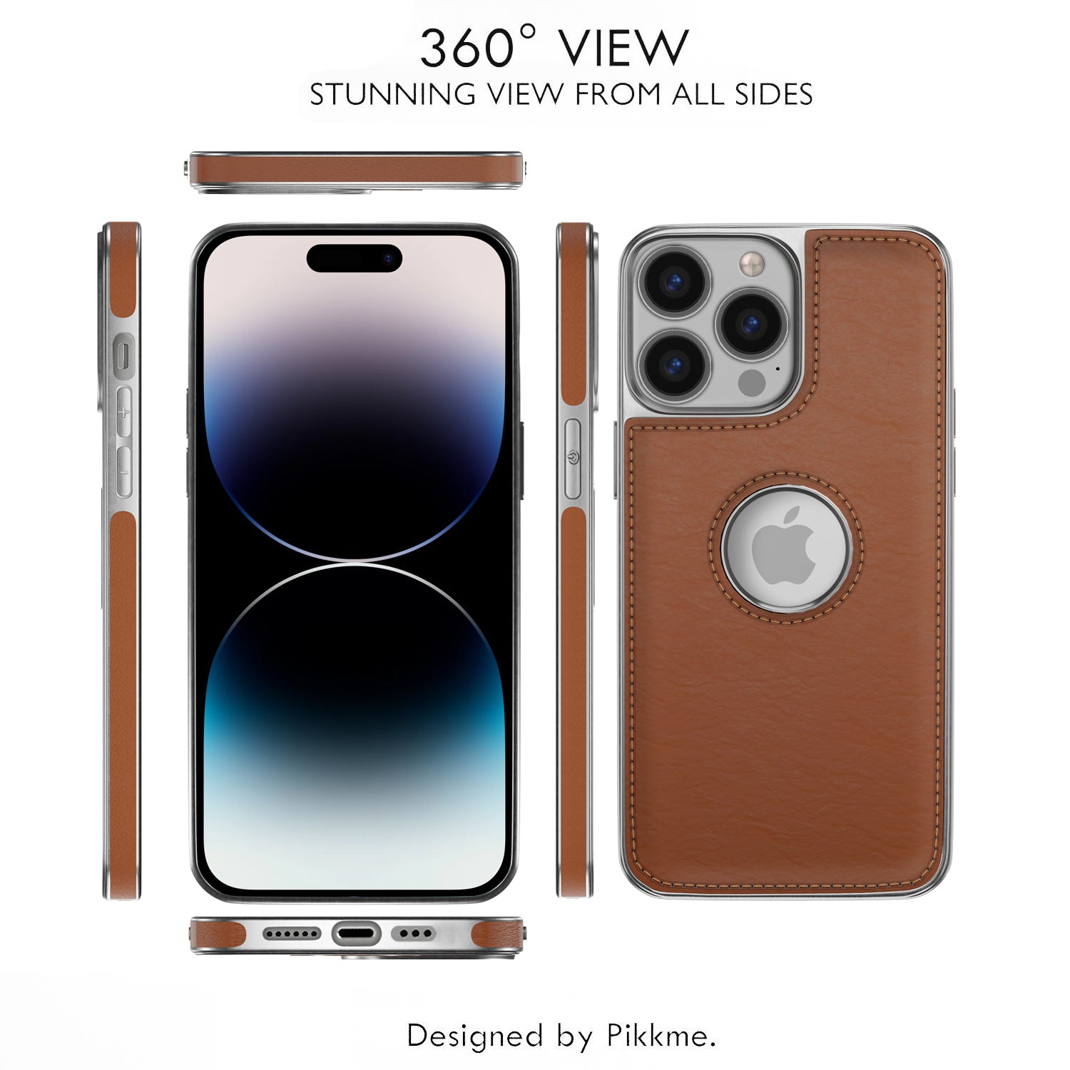 Pikkme iPhone 14 Pro Max Silver Electroplated Chrome Leather Back Cover (Tan)