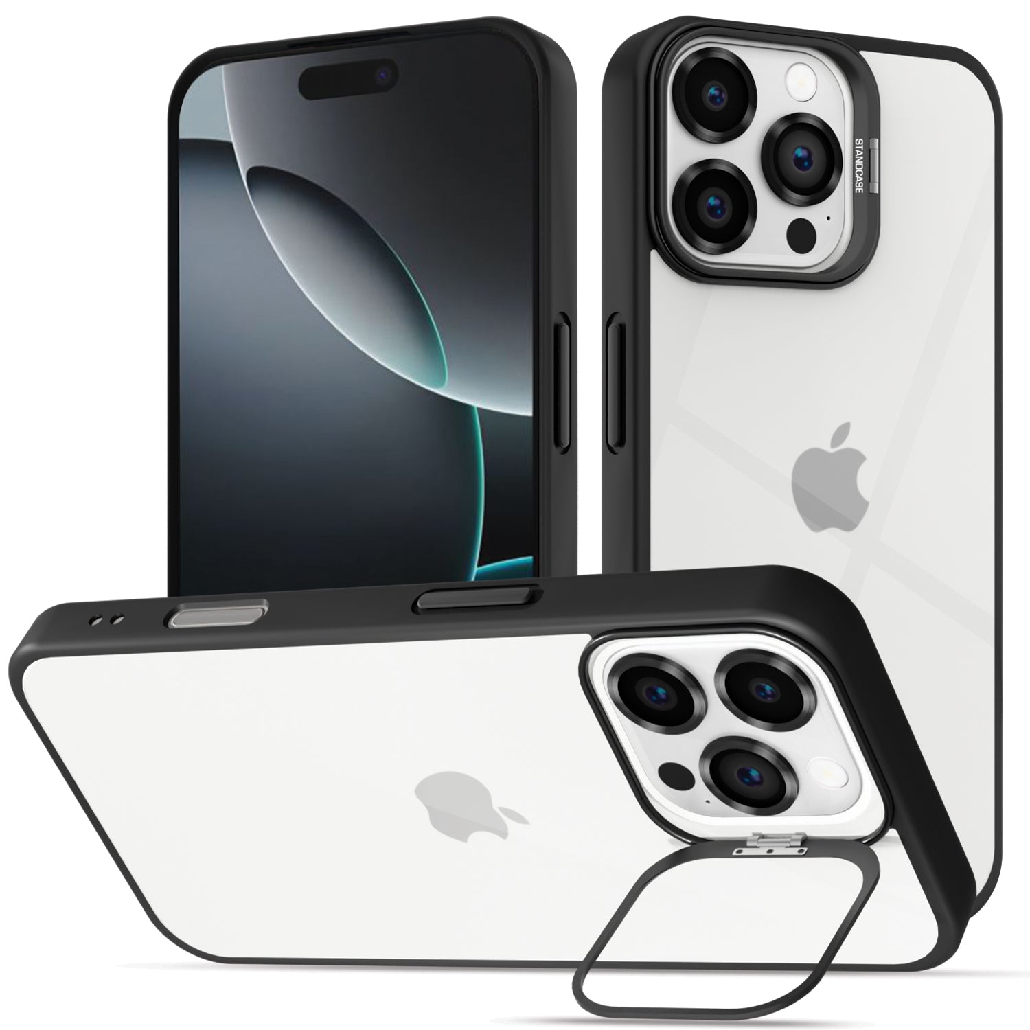Pikkme iPhone 16 Pro Max Bracket Stand Case with Lens Camera Protection Rings Bumper case - Black