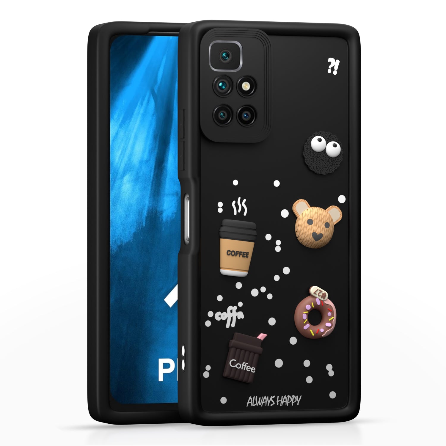 Pikkme Redmi 10 Prime Cute Fun Cartoon 3D Bear Coffee Back Cover (Black)