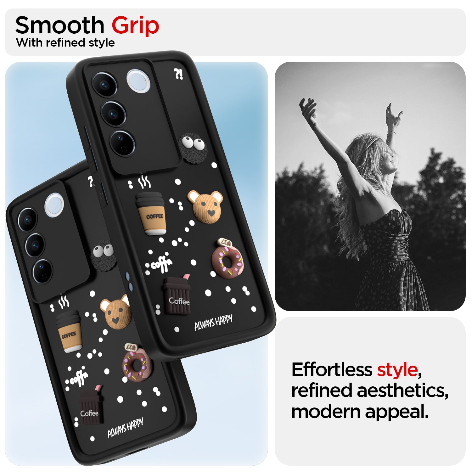 Pikkme Vivo V27 5G / V27 Pro 5G Cute Fun Cartoon 3D Bear Coffee Back Cover (Black)