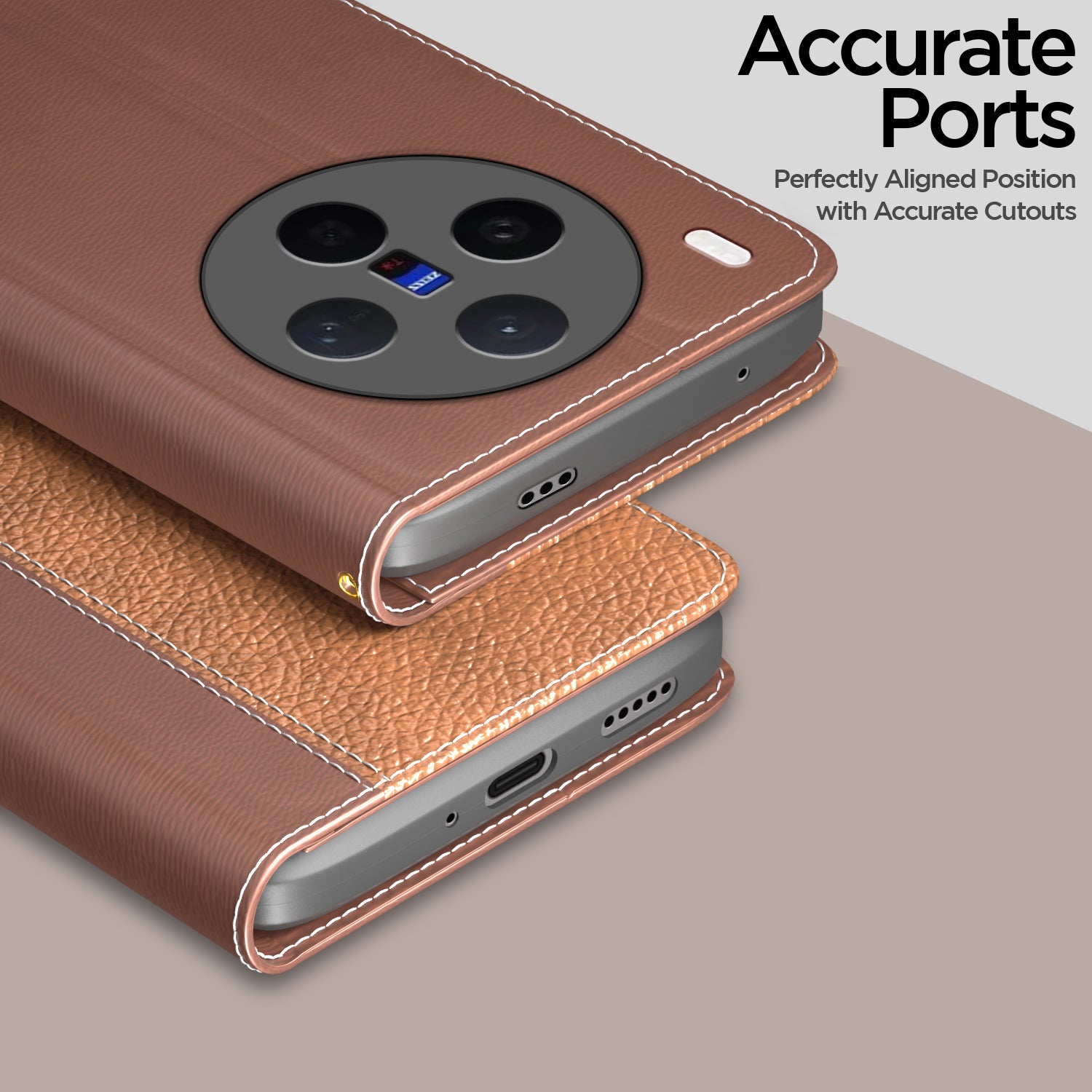 Pikkme Vivo X300 5G Double Contrast Leather Finish Flip Cover (Tan)