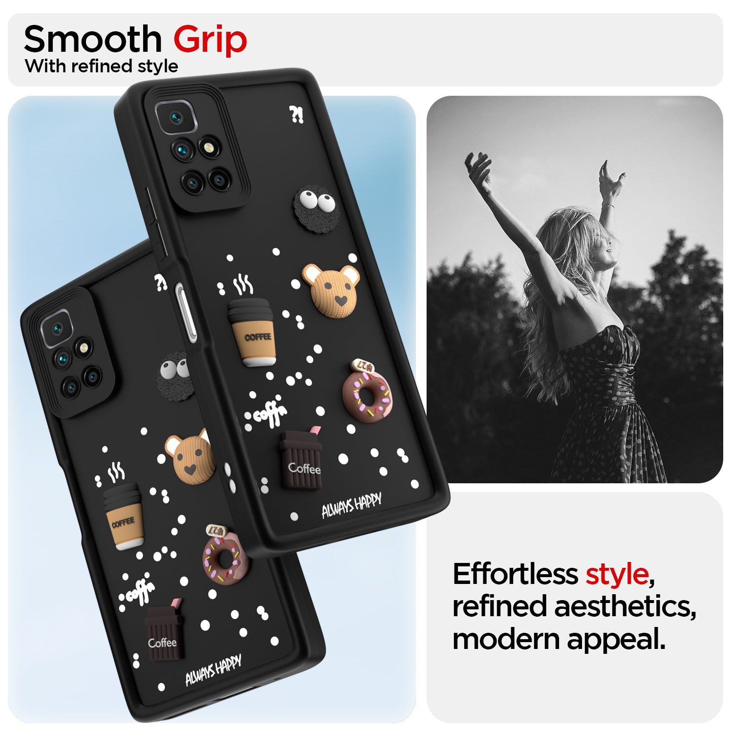 Pikkme Redmi 10 Prime Cute Fun Cartoon 3D Bear Coffee Back Cover (Black)
