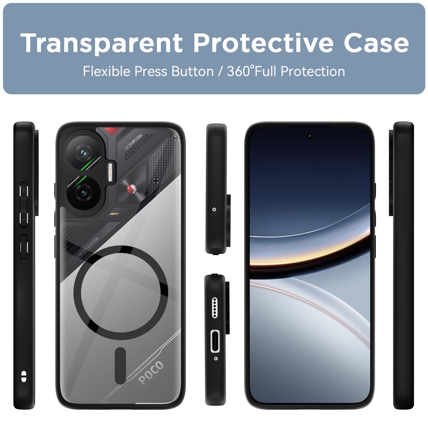 Pikkme Poco F7 5G Eagle 2 Mag-Safe Shockproof Hard Transparent Back Cover (Black)