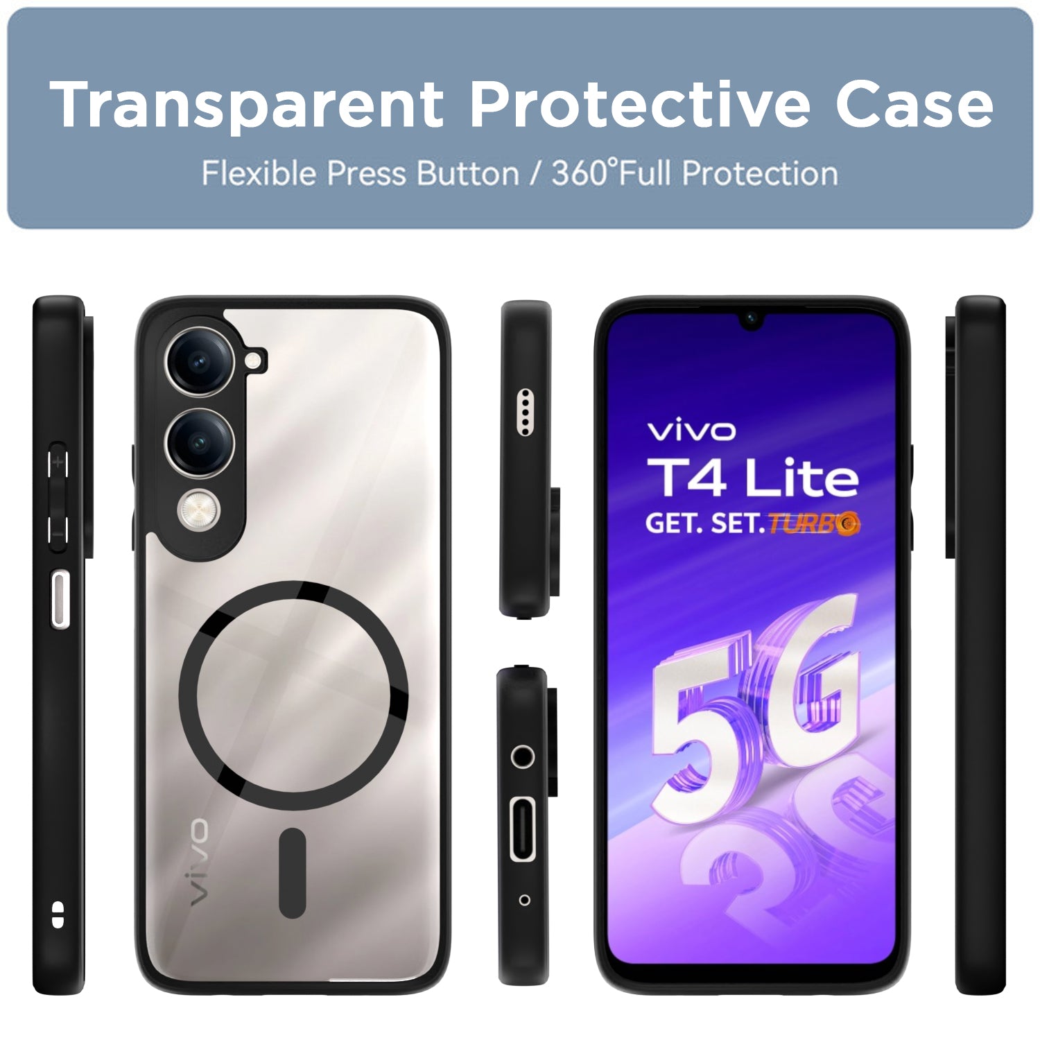 Pikkme Vivo T4 lite 5G / IQOO Z10 lite 5G / Vivo Y04 4G / Vivo Y19 5G Eagle 2 Mag-Safe Shockproof Hard Transparent Back Cover (Black)