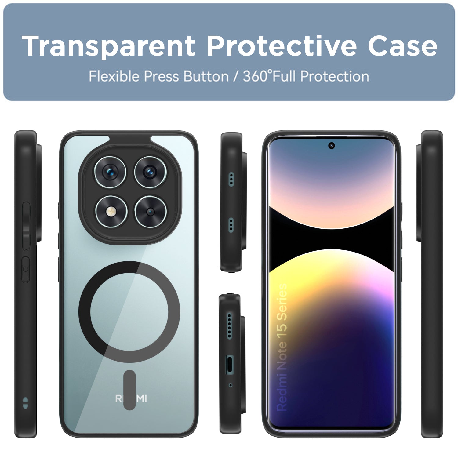 Pikkme Redmi Note 15 Pro 5G Eagle 2 Mag-Safe Shockproof Hard Transparent Back Cover (Black)