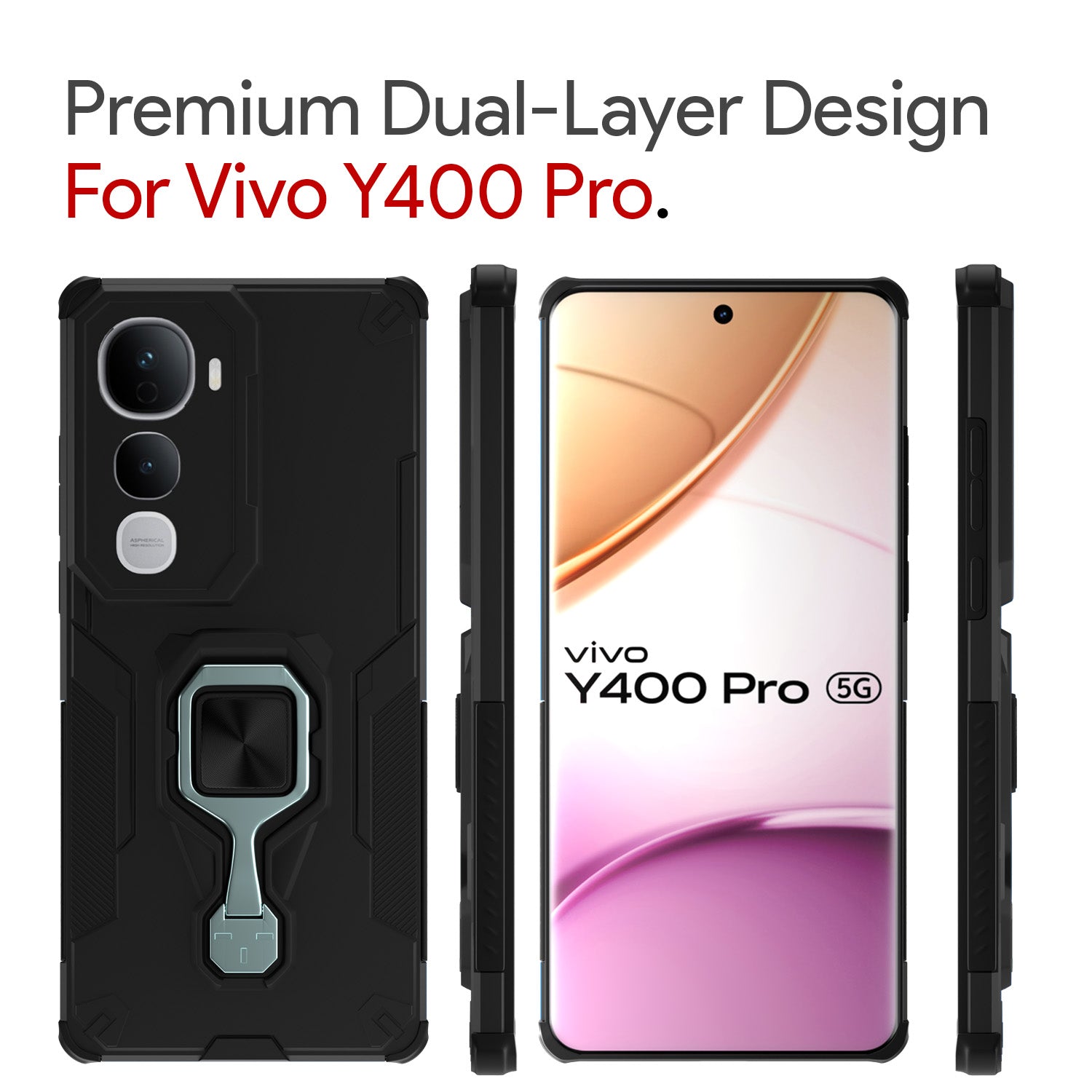 Pikkme Vivo Y400 Pro 5G D15  Tough Armor Kisckstand Back Cover (Black)