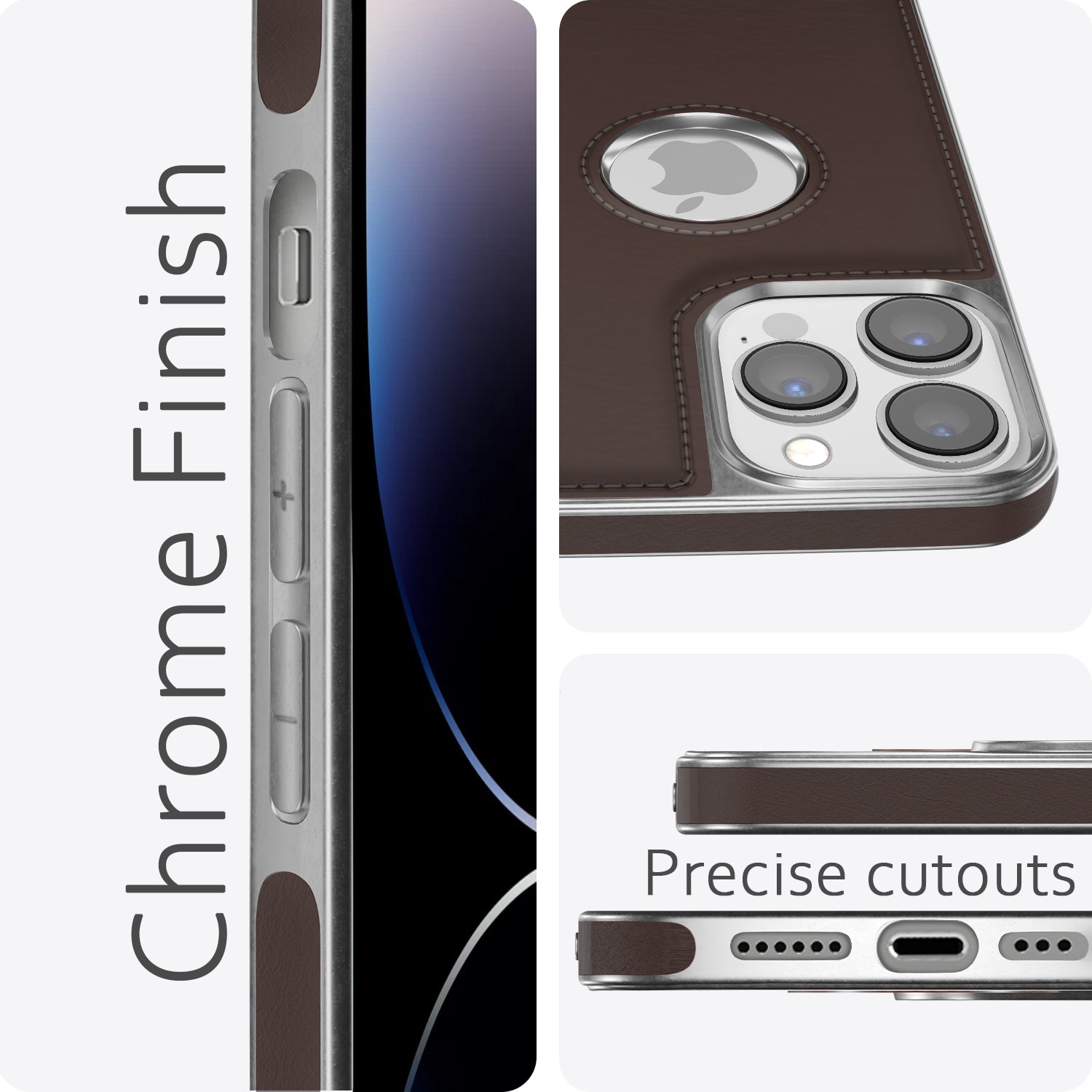 Pikkme iPhone 14 Pro Max Silver Electroplated Chrome Leather Back Cover (Coffee)