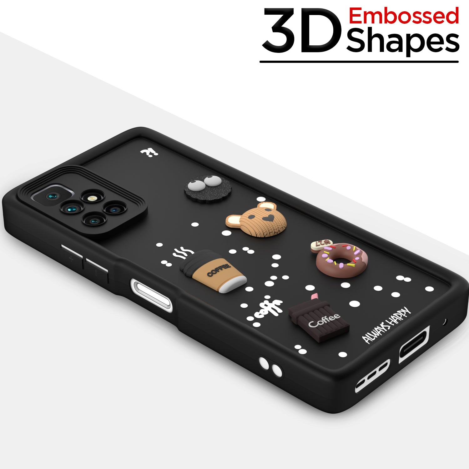 Pikkme Redmi 10 Prime Cute Fun Cartoon 3D Bear Coffee Back Cover (Black)