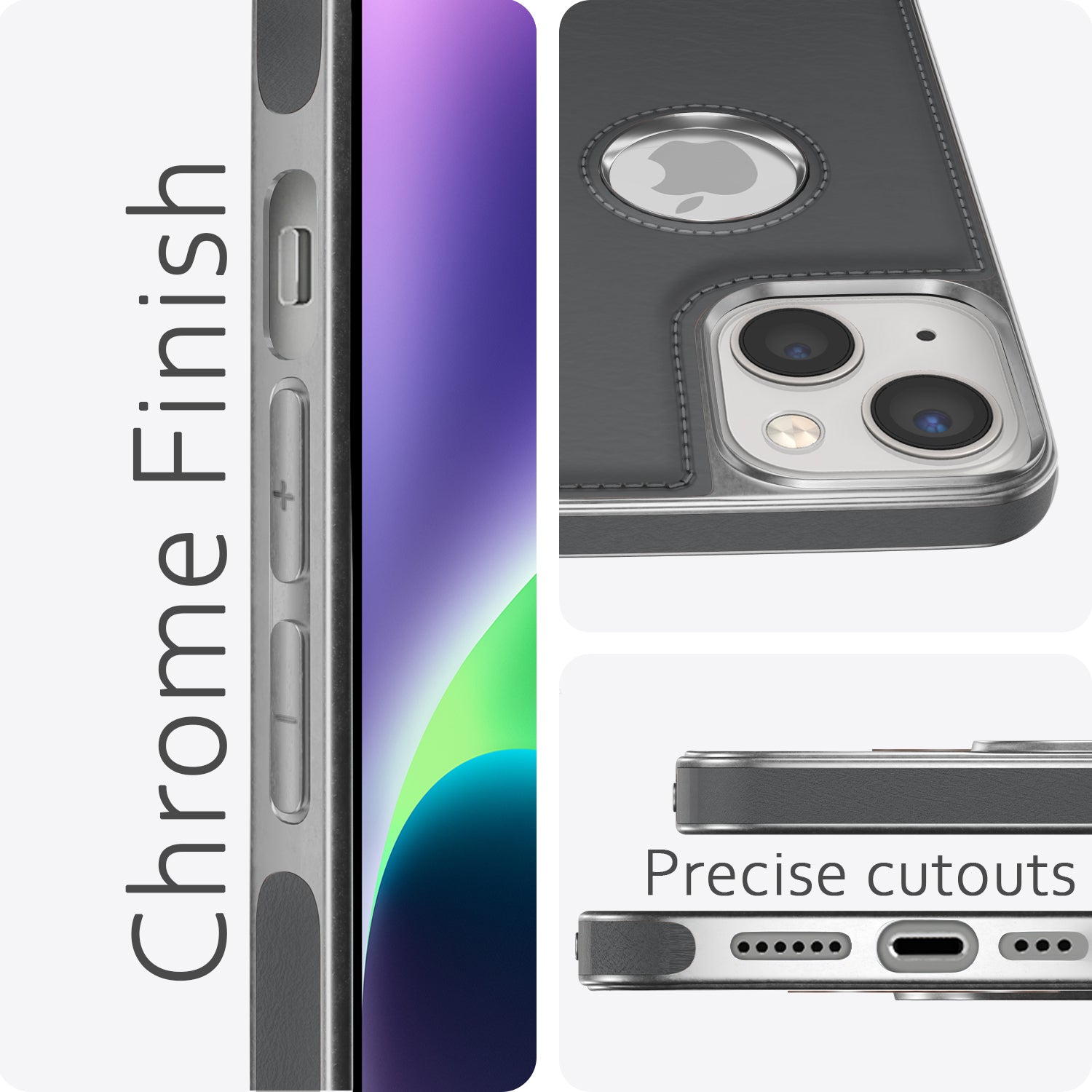 Pikkme iPhone 14 Silver Electroplated Chrome Leather Back Cover (Grey)