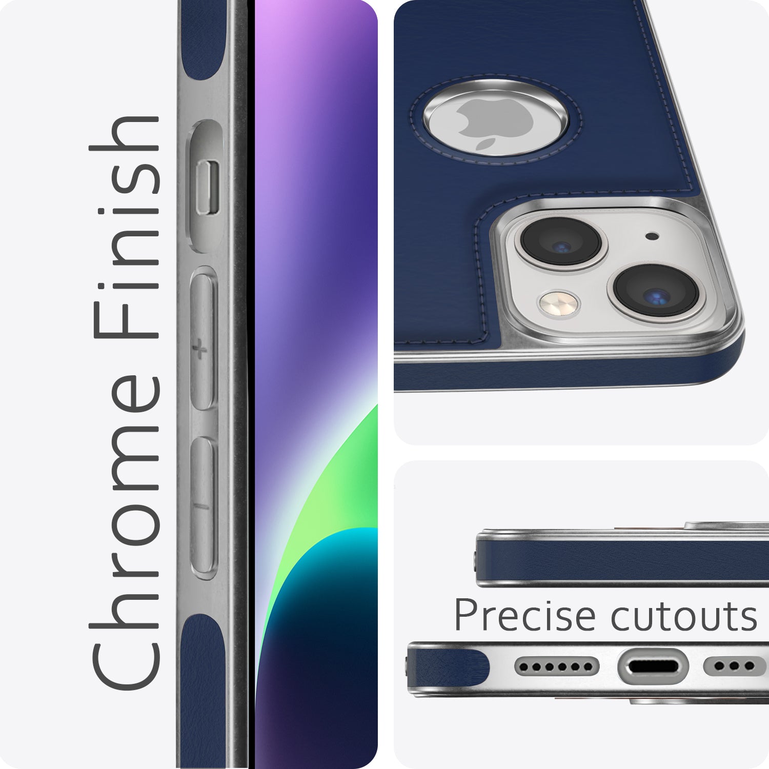 Pikkme iPhone 14 Silver Electroplated Chrome Leather Back Cover (Blue)