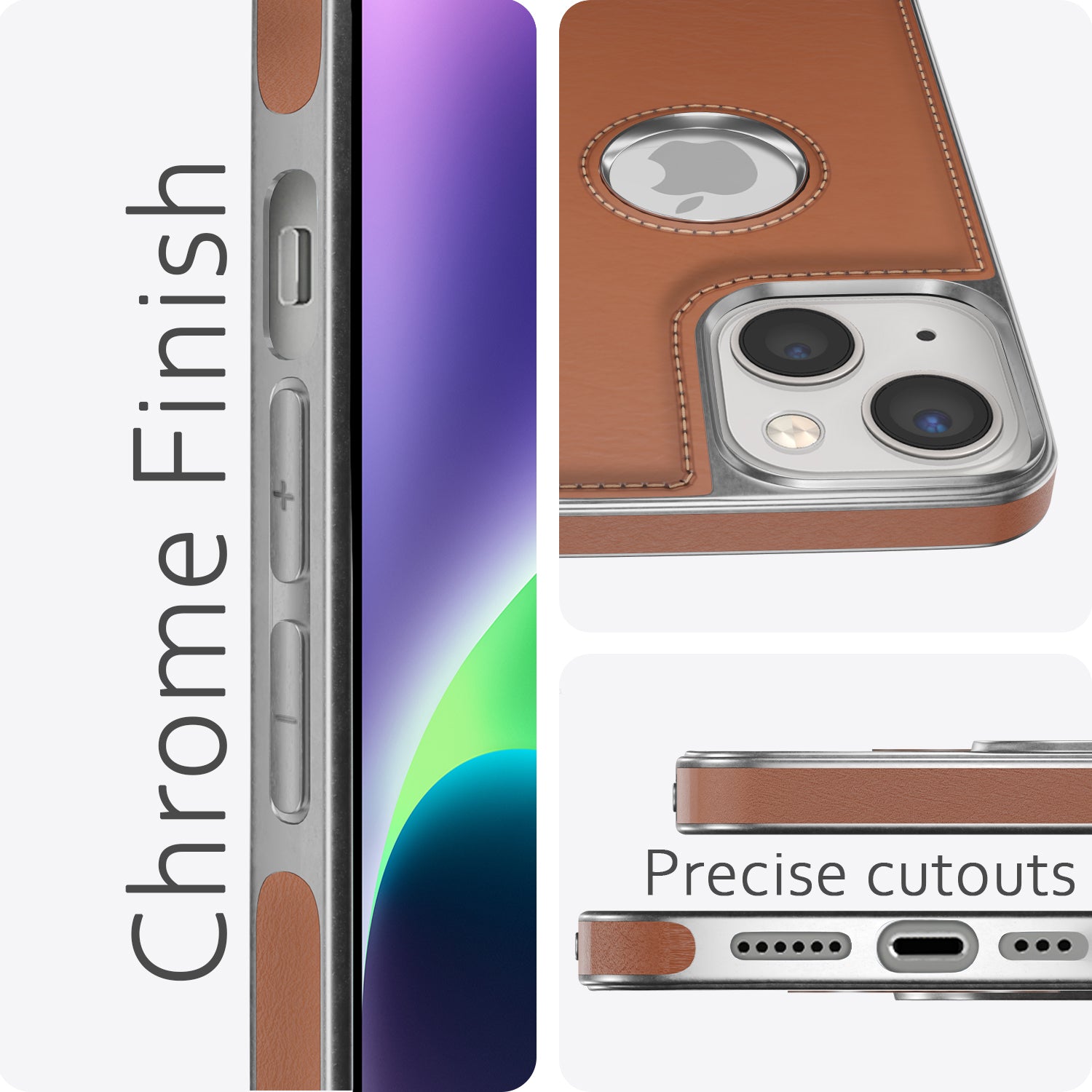 Pikkme iPhone 14 Silver Electroplated Chrome Leather Back Cover (Tan)