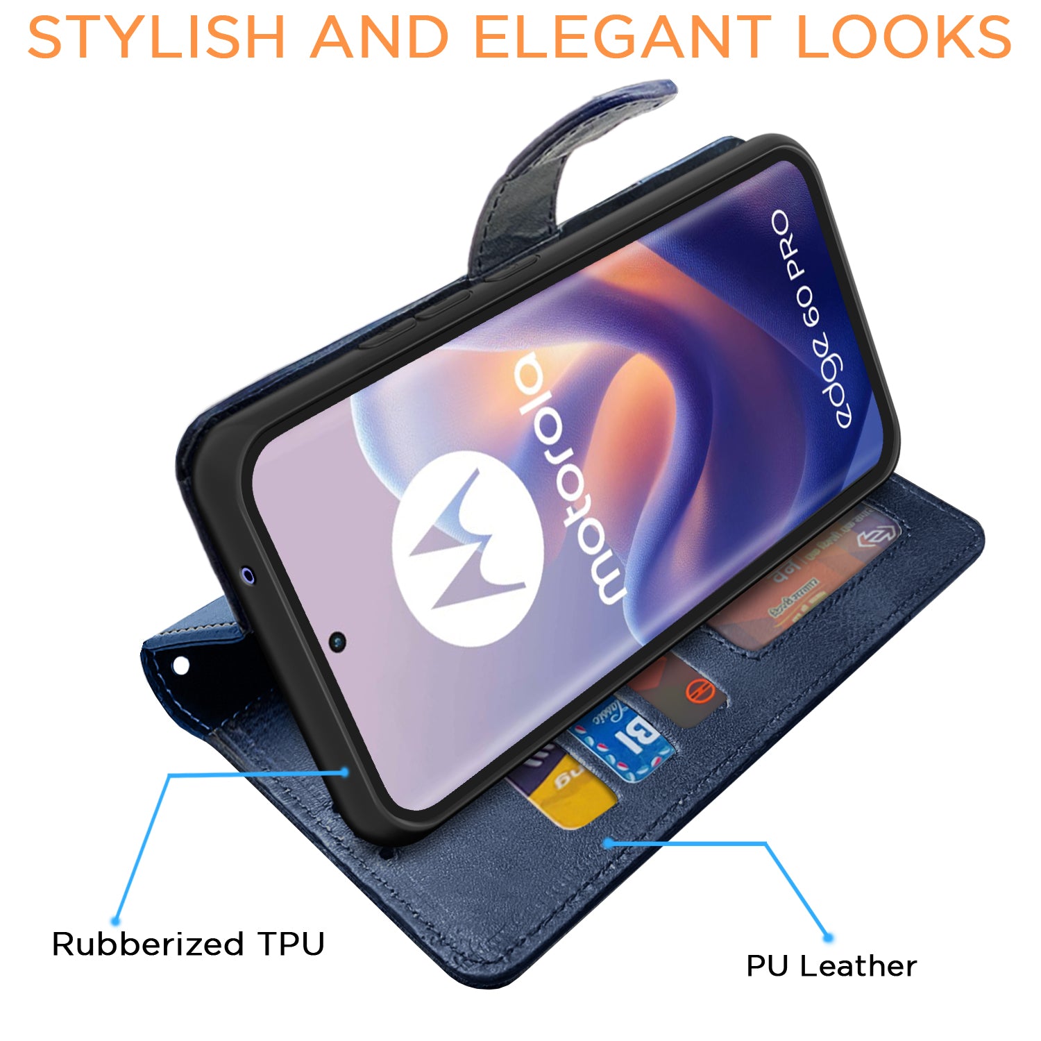 Pikkme Motorola Moto Edge 60 Pro 5G Dual-Tone PU Leather Finish Magnetic Flip Cover (Navy Blue)