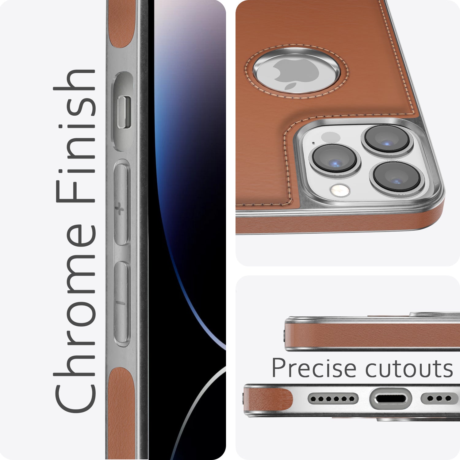 Pikkme iPhone 14 Pro Max Silver Electroplated Chrome Leather Back Cover (Tan)
