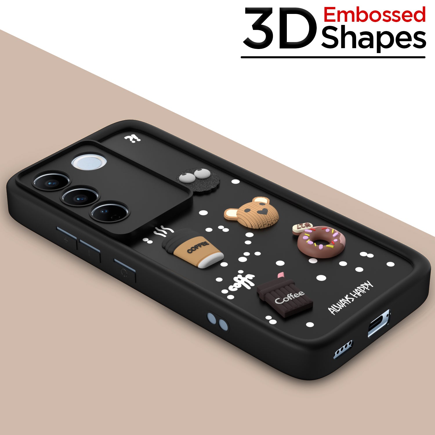 Pikkme Vivo V27 5G / V27 Pro 5G Cute Fun Cartoon 3D Bear Coffee Back Cover (Black)