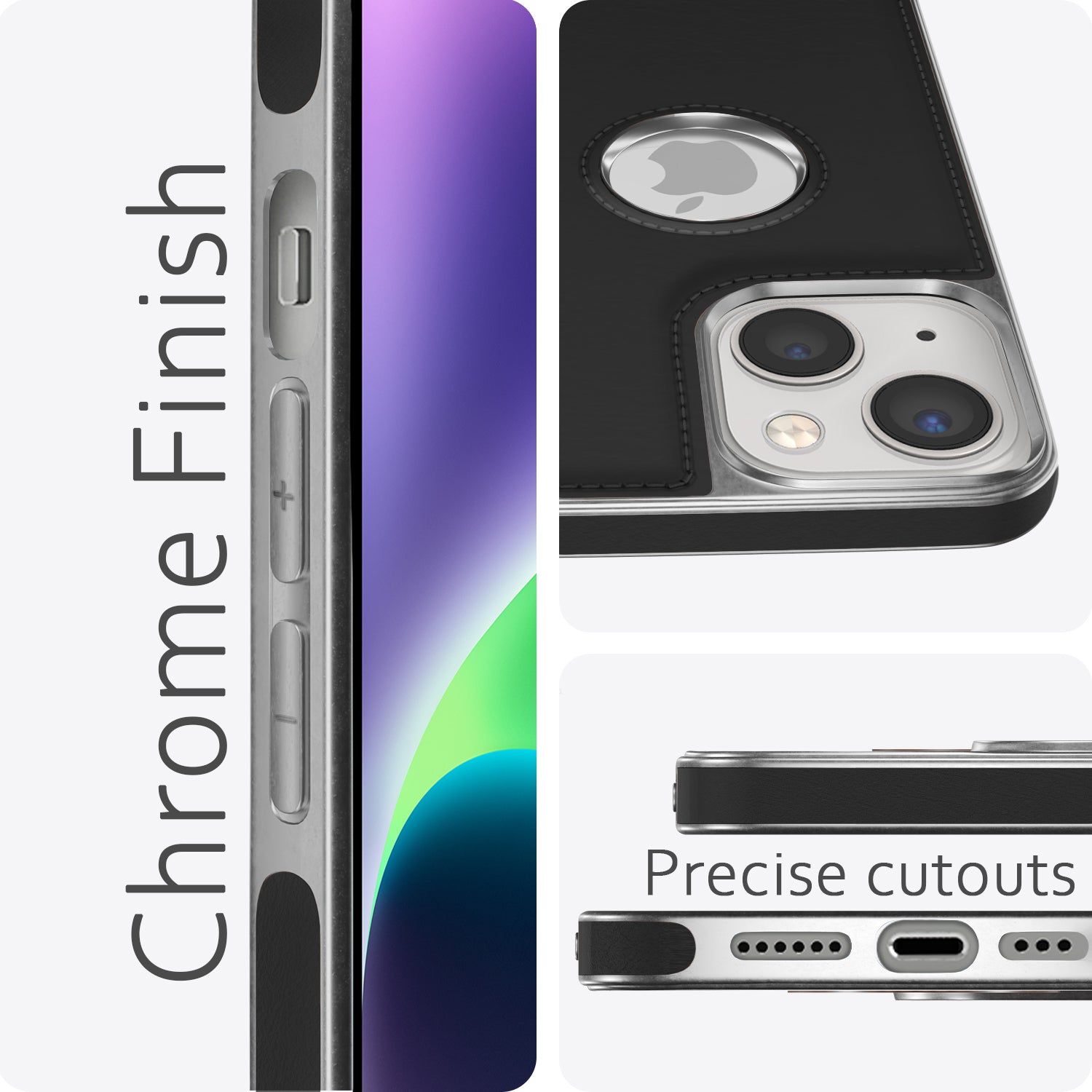 Pikkme iPhone 14 Silver Electroplated Chrome Leather Back Cover (Black)