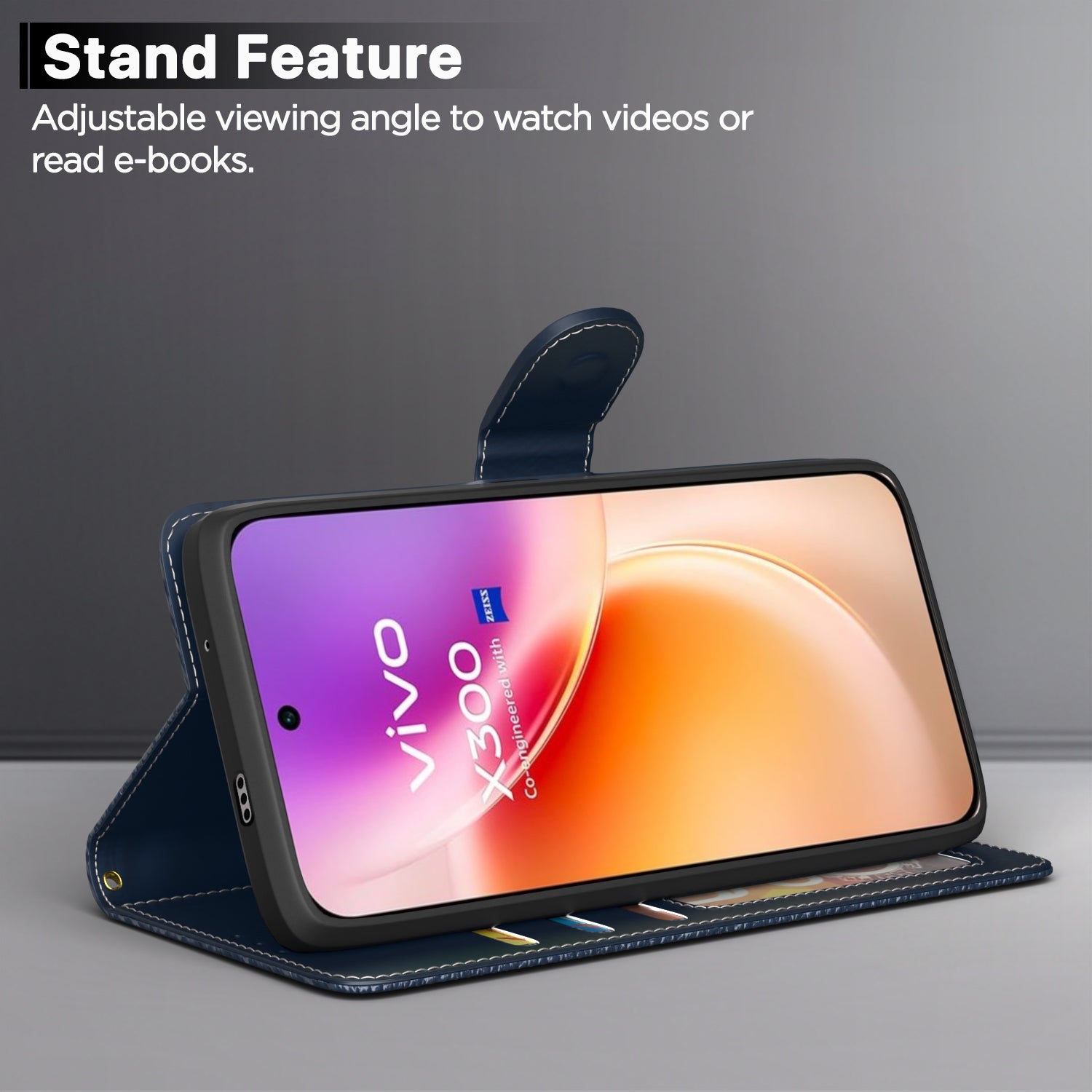 Pikkme Vivo X300 5G Double Contrast Leather Finish Flip Cover (Blue)