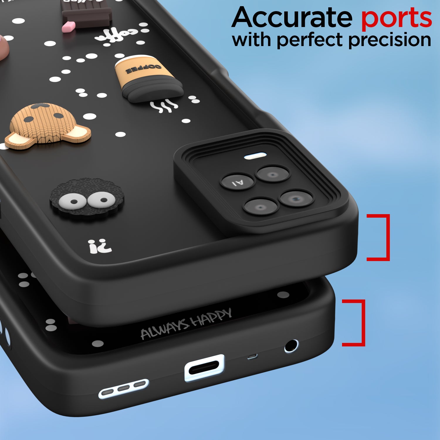 Pikkme Oppo A54 Cute Fun Cartoon 3D Bear Coffee Back Cover (Black)