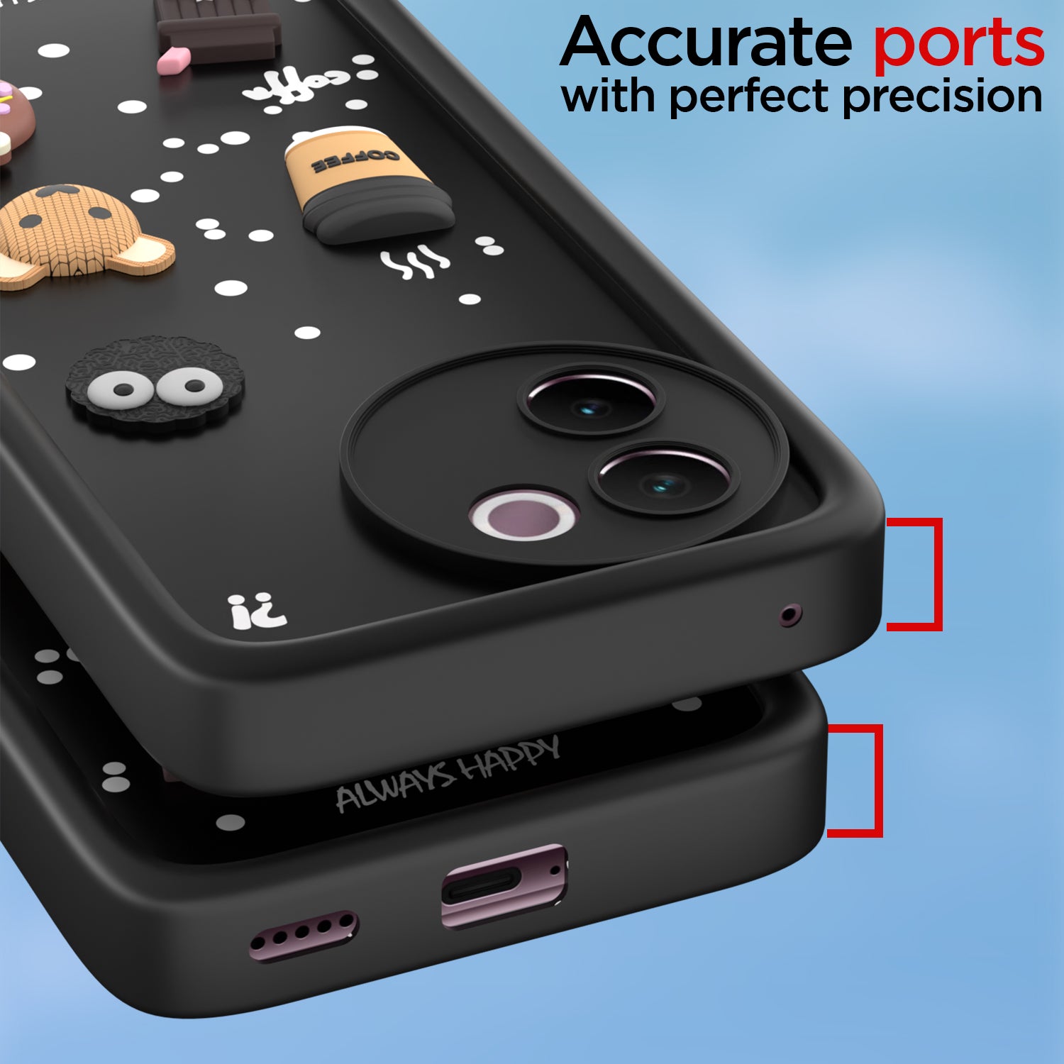 Pikkme Vivo V30e 5G Cute Fun Cartoon 3D Bear Coffee Back Cover (Black)