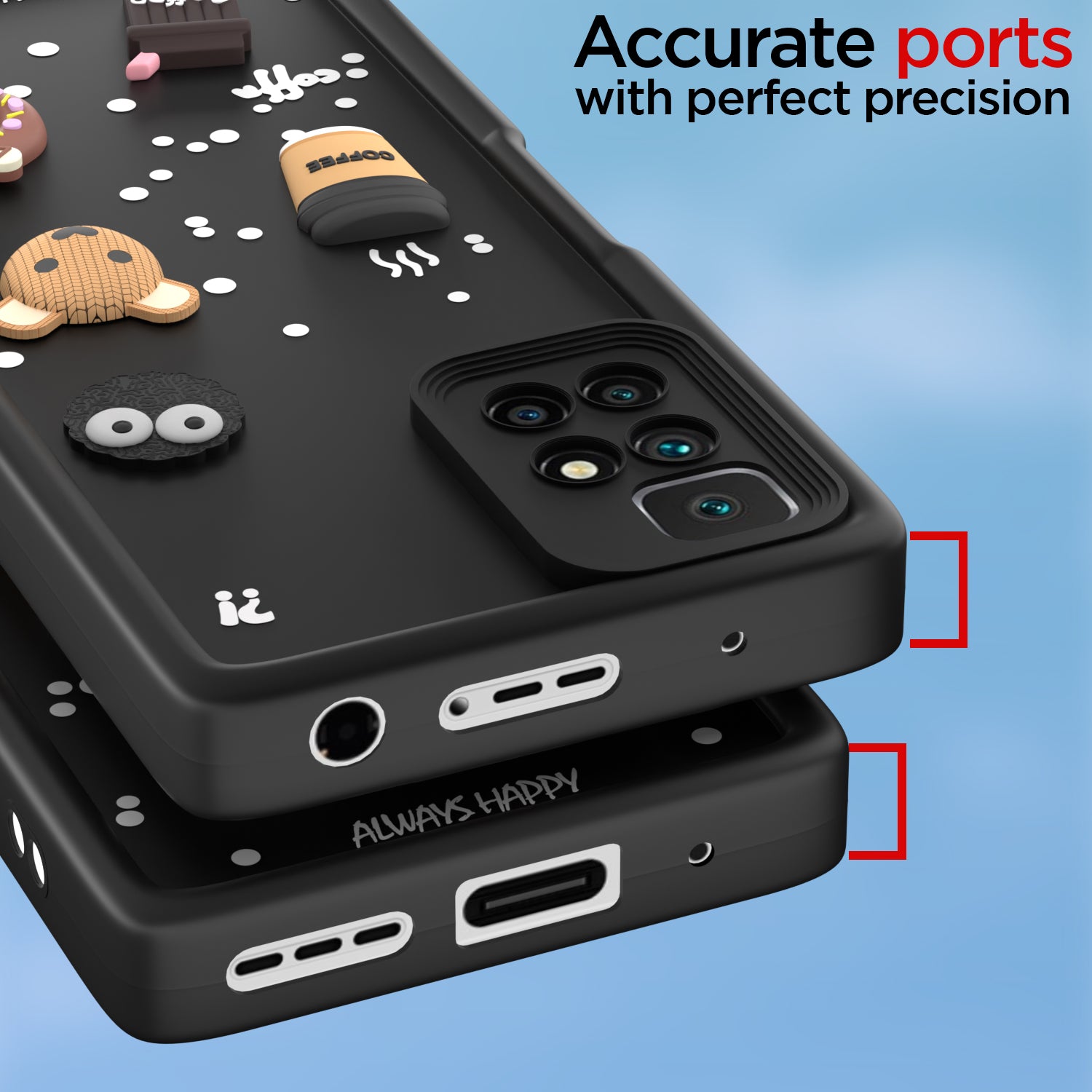 Pikkme Redmi 10 Prime Cute Fun Cartoon 3D Bear Coffee Back Cover (Black)