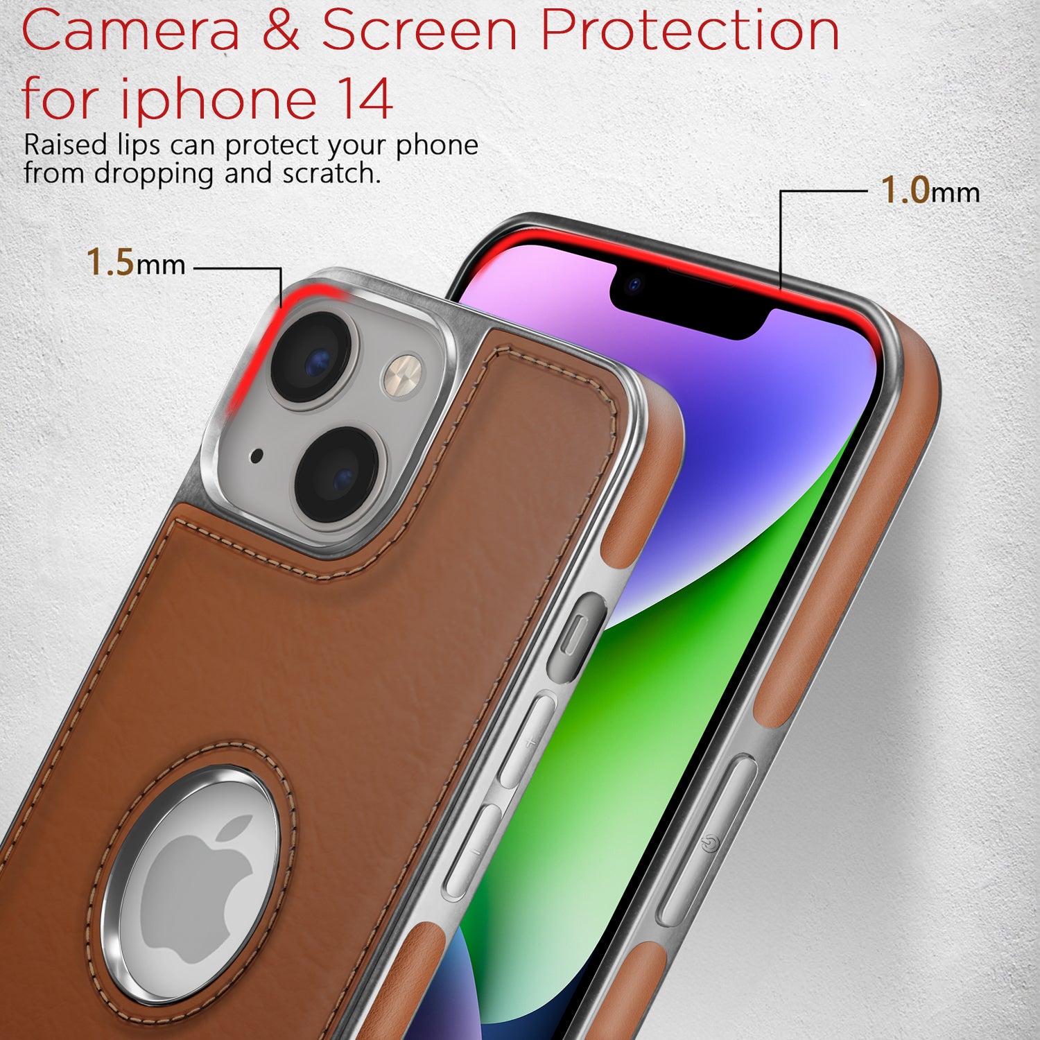 Pikkme iPhone 14 Silver Electroplated Chrome Leather Back Cover (Tan)