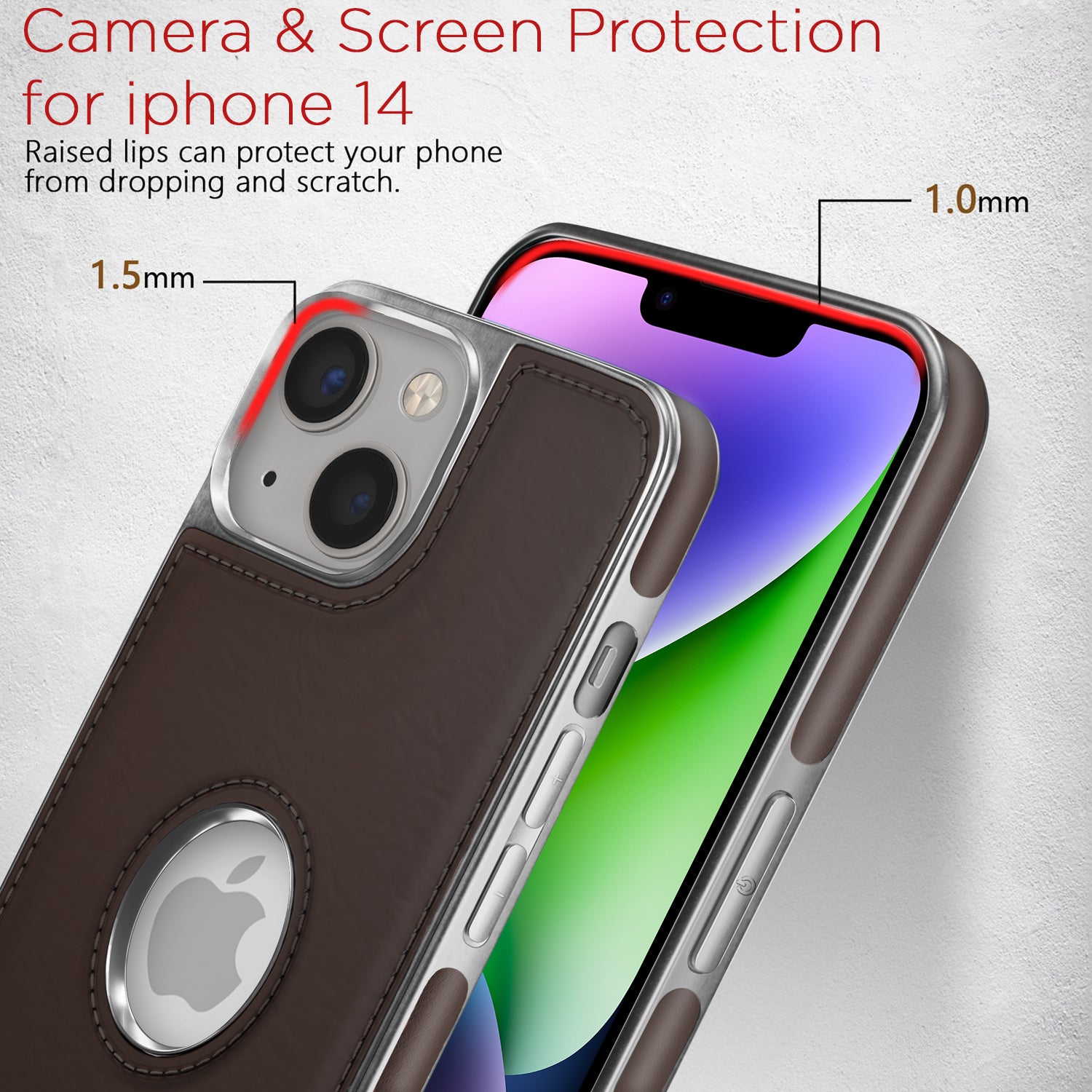 Pikkme iPhone 14 Silver Electroplated Chrome Leather Back Cover (Coffee)