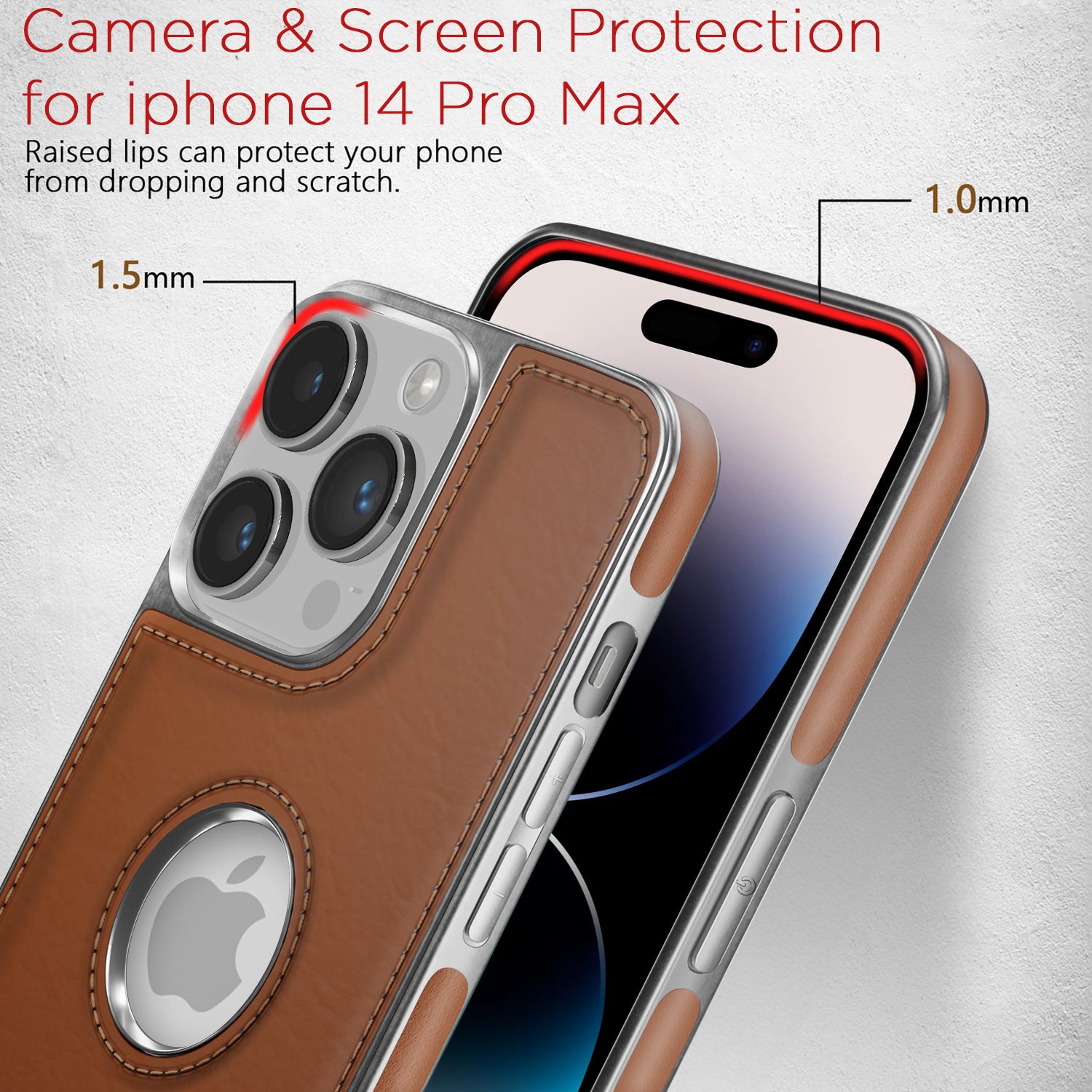 Pikkme iPhone 14 Pro Max Silver Electroplated Chrome Leather Back Cover (Tan)