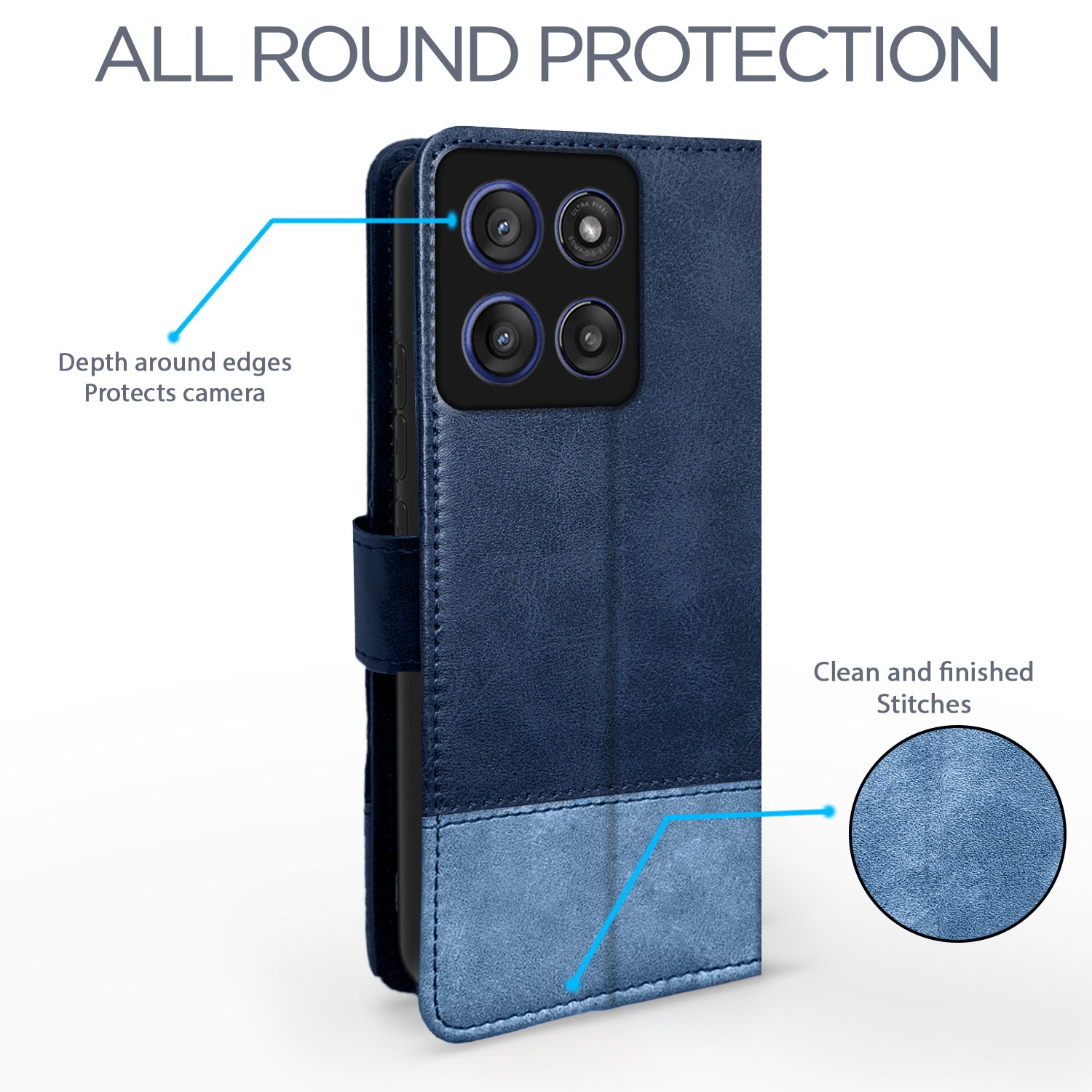 Pikkme Motorola Moto Edge 60 Pro 5G Dual-Tone PU Leather Finish Magnetic Flip Cover (Navy Blue)
