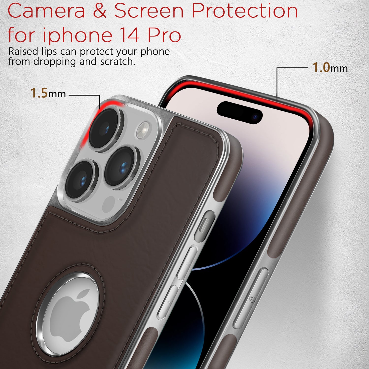 Pikkme iPhone 14 Pro Max Silver Electroplated Chrome Leather Back Cover (Coffee)