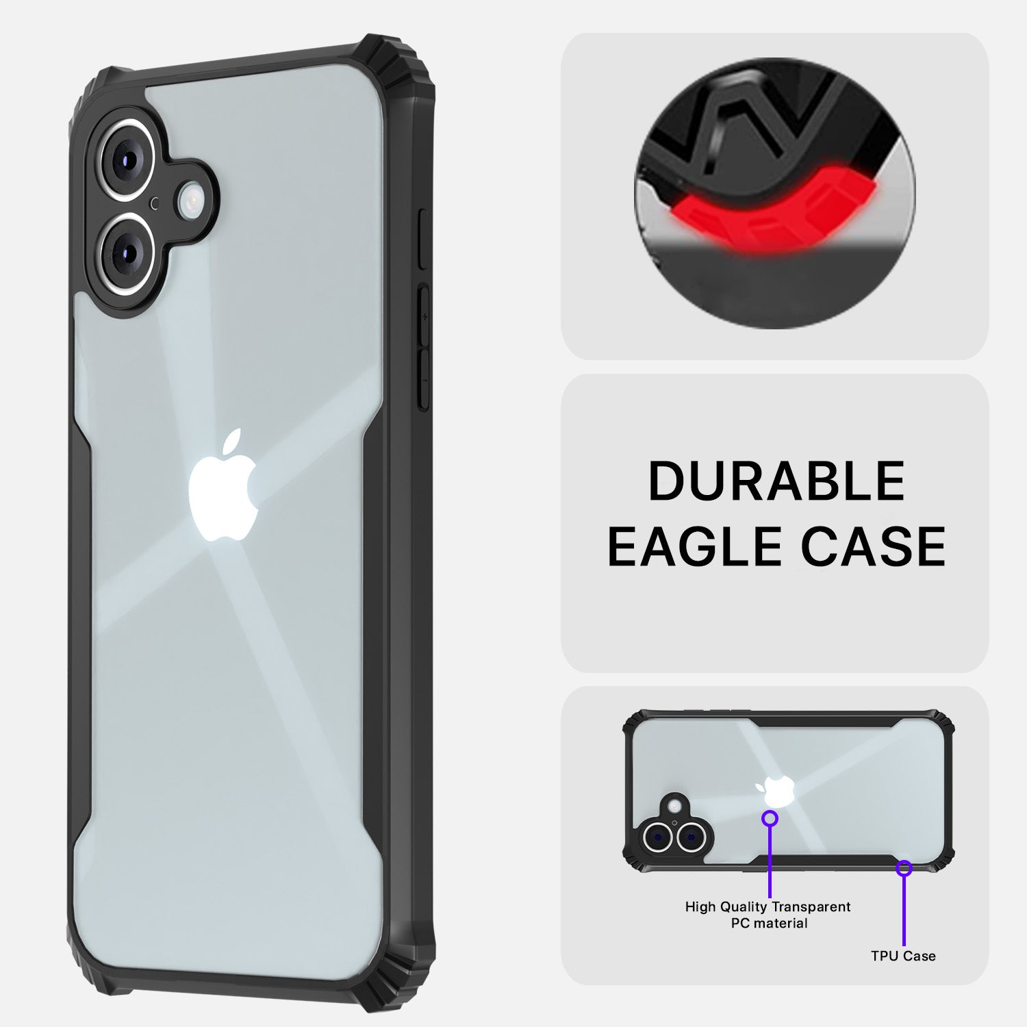 Pikkme iPhone 16 Shockproof Eagle Clear Transparent Back Cover (Black)