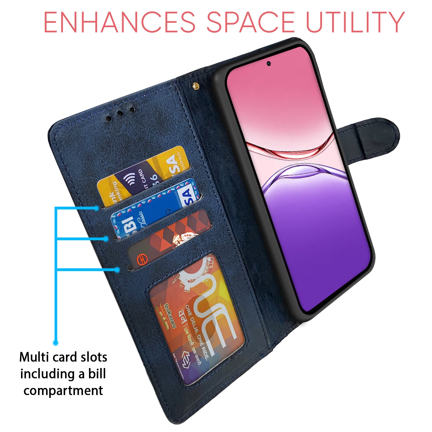 Pikkme Oppo A5x Dual-Tone PU Leather Finish Magnetic Flip Cover (Navy Blue)