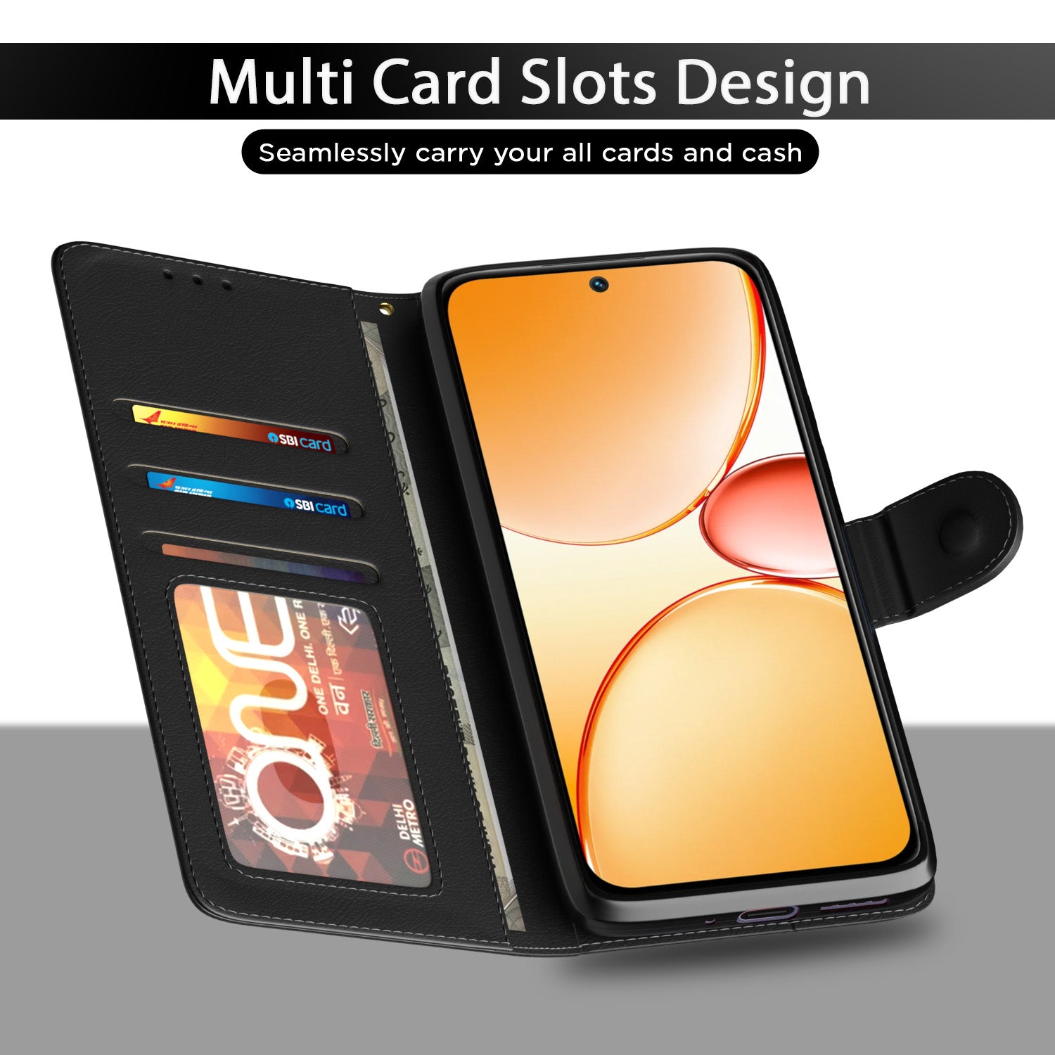 Pikkme Realme C85 5G Premium Leather Finish Vintage Flip Cover (Black)