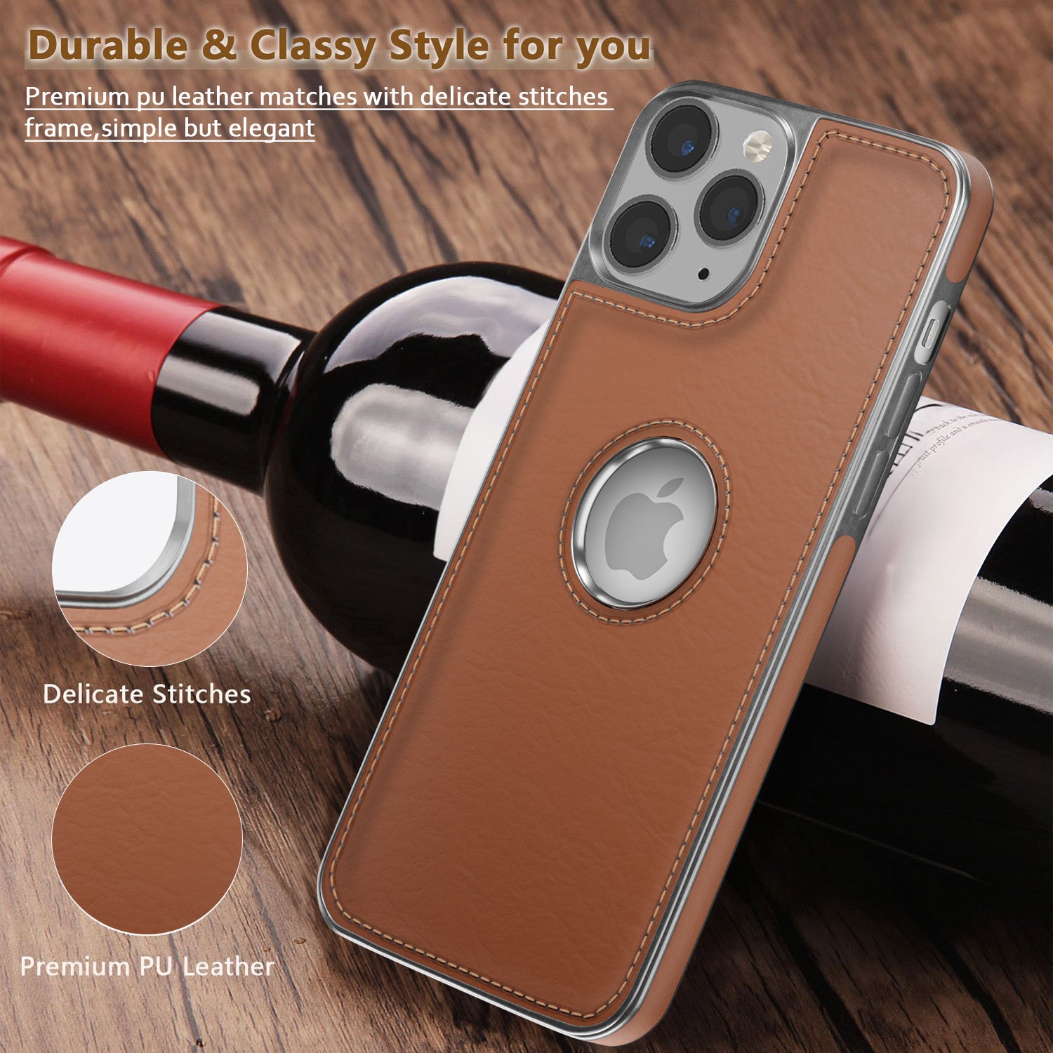 Pikkme iPhone 14 Pro Max Silver Electroplated Chrome Leather Back Cover (Tan)