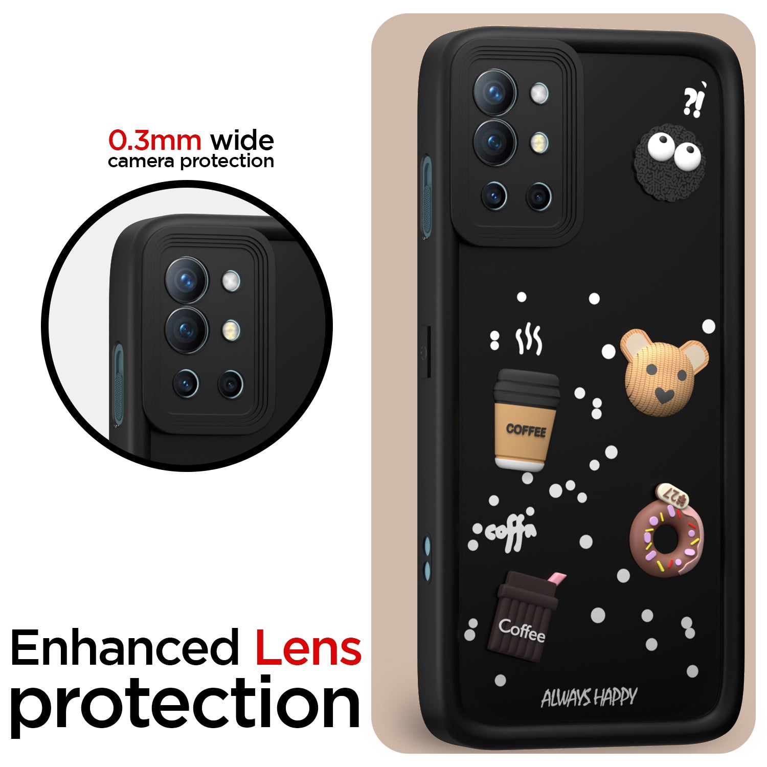 Pikkme OnePlus 9R 5G Cute Fun Cartoon 3D Bear Coffee Back Cover (Black)