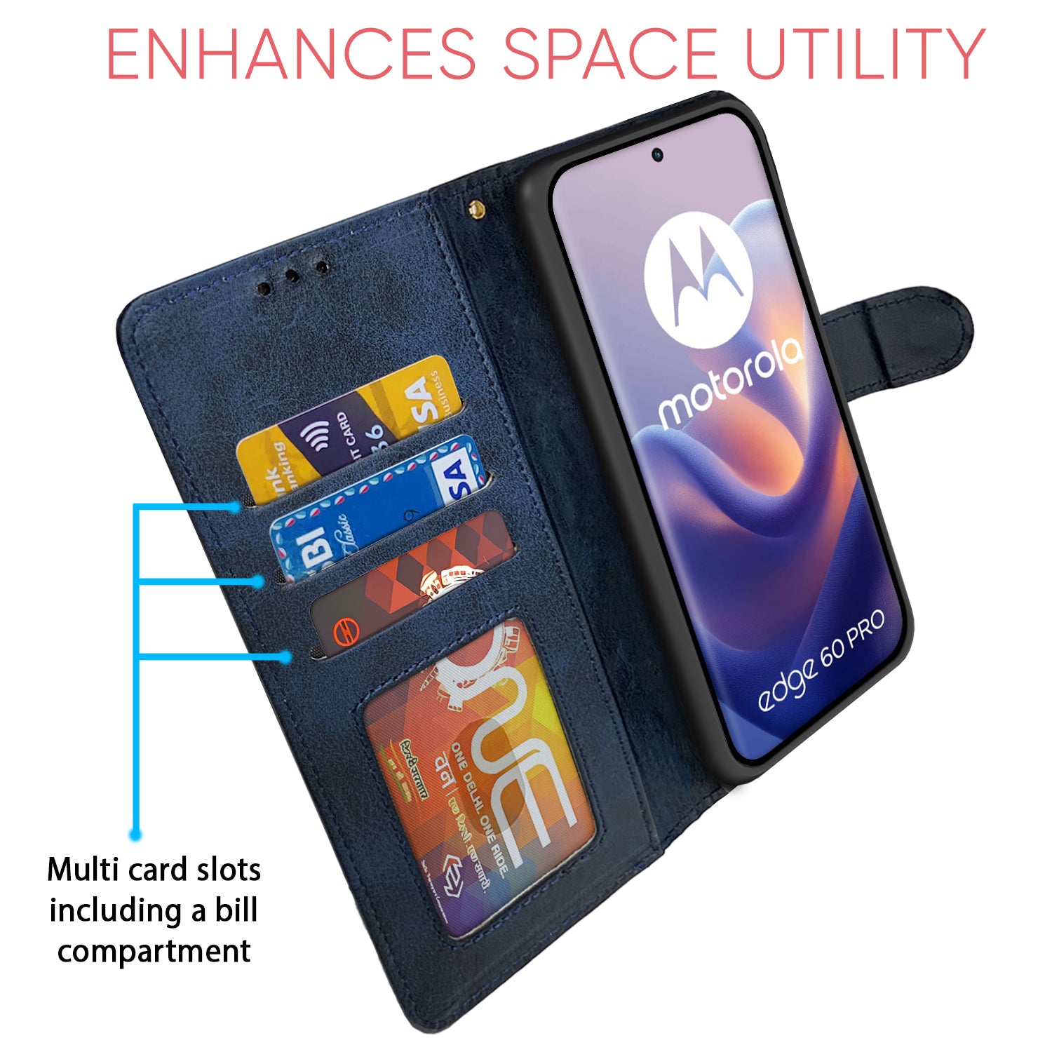 Pikkme Motorola Moto Edge 60 Pro 5G Dual-Tone PU Leather Finish Magnetic Flip Cover (Navy Blue)