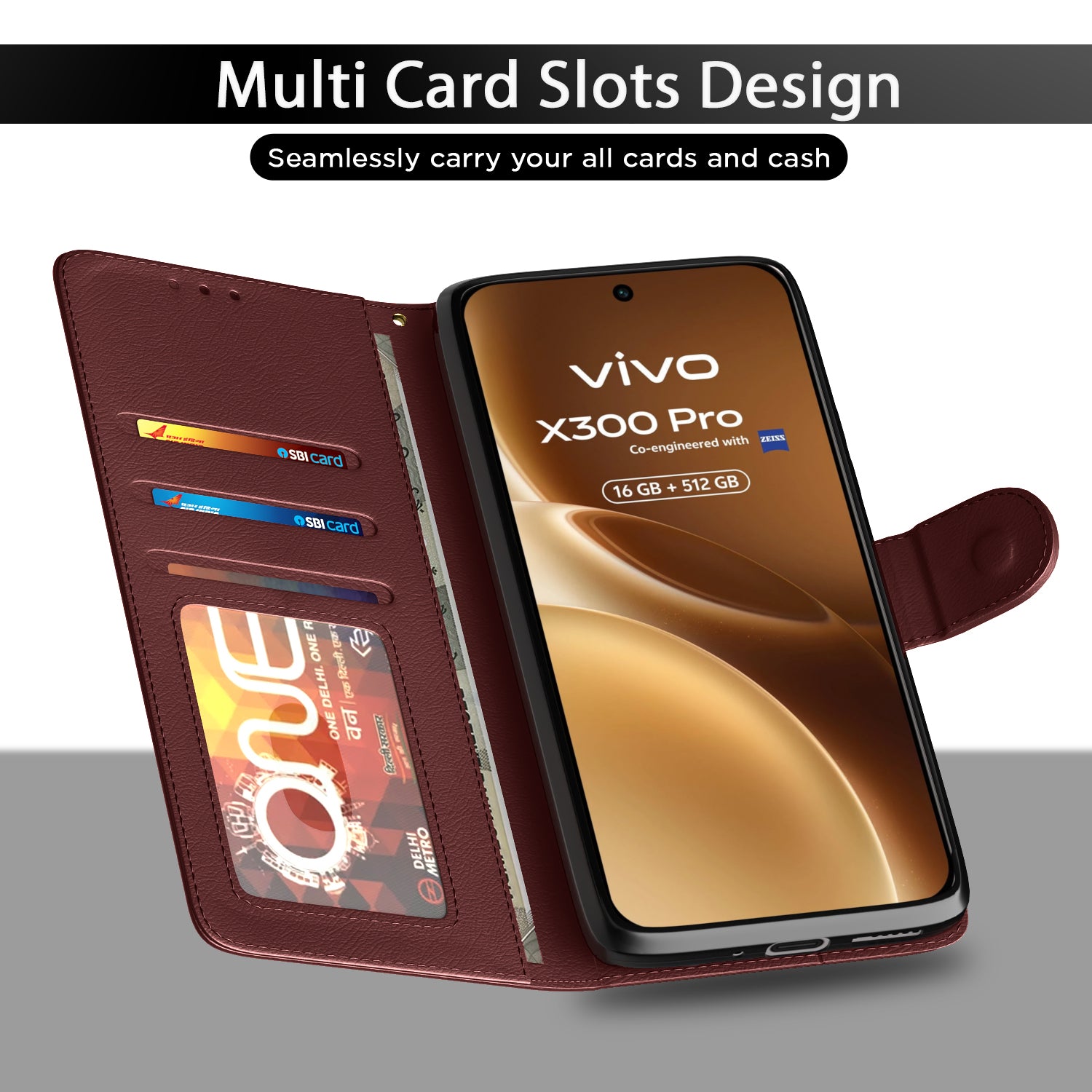 Pikkme Vivo X300 Pro 5G Premium Leather Finish Vintage Flip Cover (Brown)