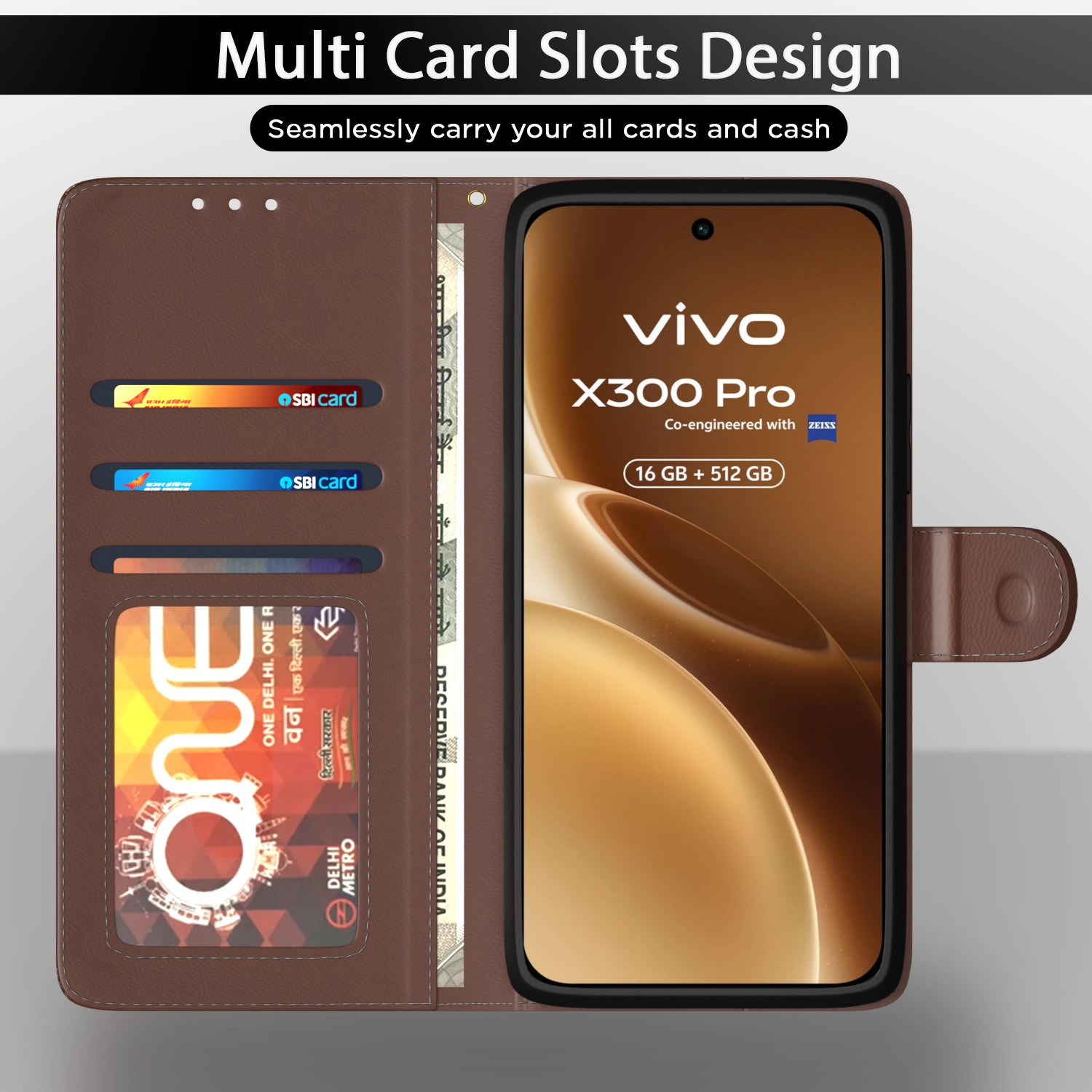Pikkme Vivo X300 Pro 5G Double Contrast Leather Finish Flip Cover (Tan)