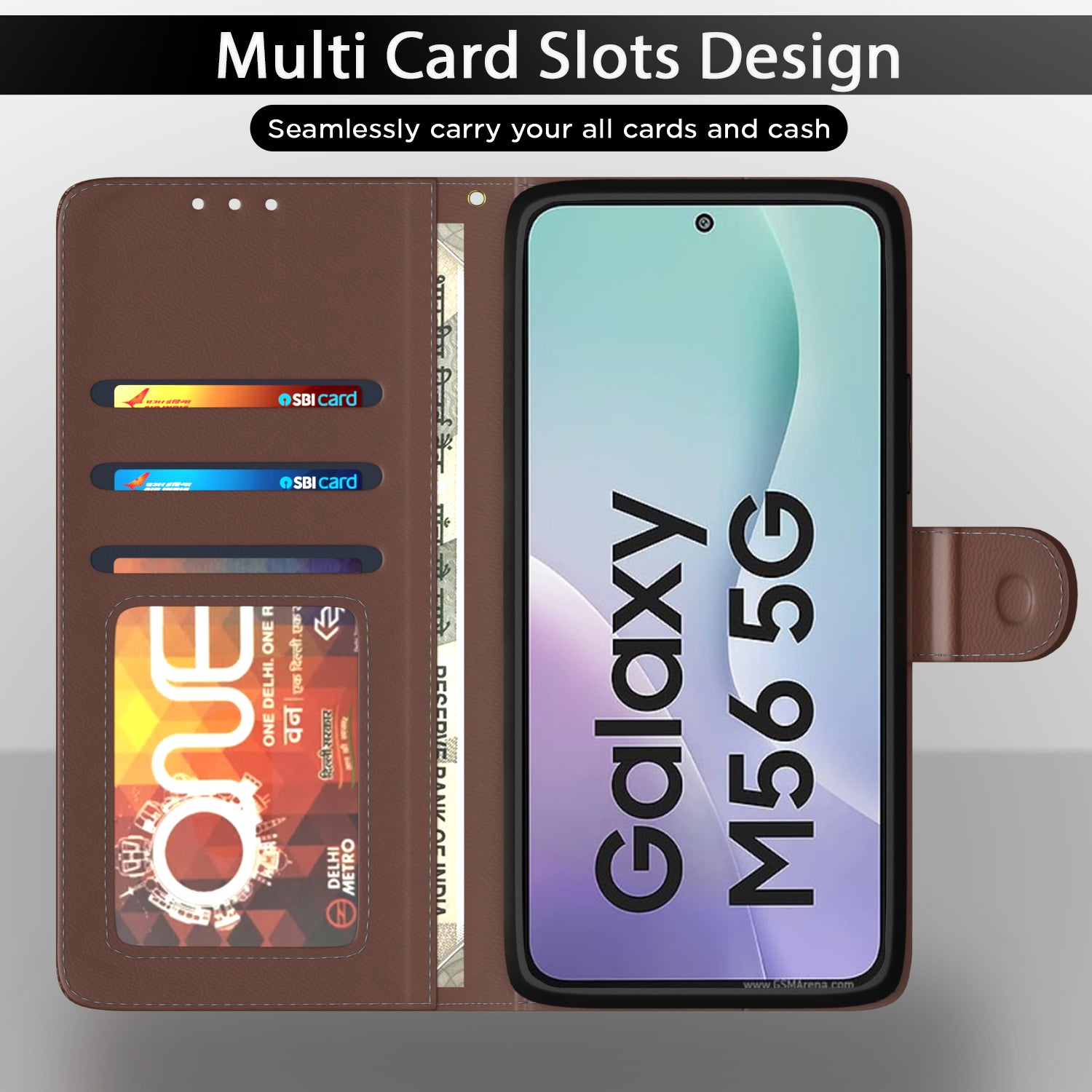 Pikkme Samsung Galaxy M56 5G Double Contrast Flip Cover (Tan)