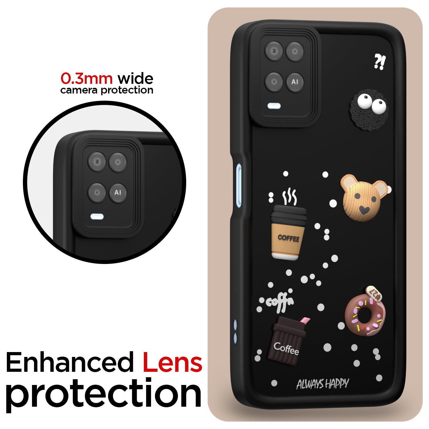 Pikkme Oppo A54 Cute Fun Cartoon 3D Bear Coffee Back Cover (Black)