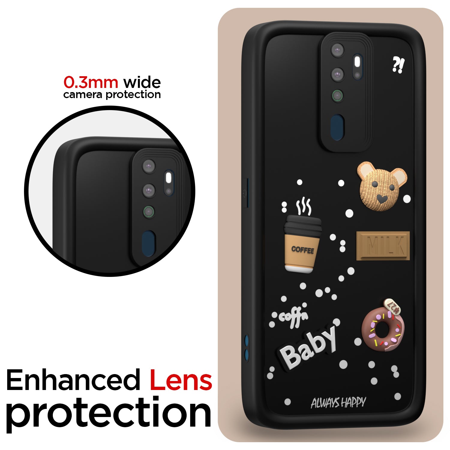 Pikkme Oppo A5 2020 / A9 2020 Cute Fun Cartoon 3D Bear Coffee Back Cover (Black)