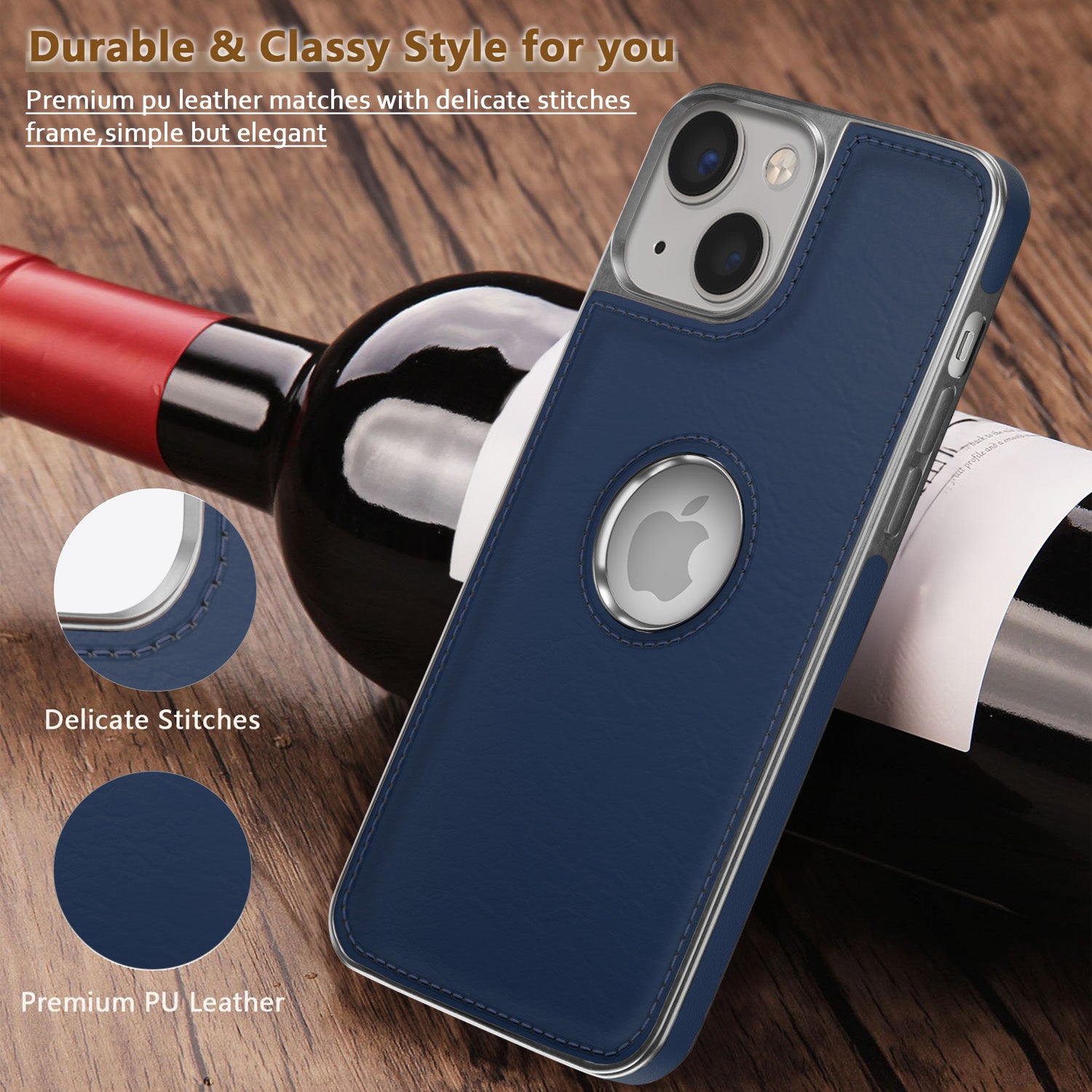 Pikkme iPhone 14 Silver Electroplated Chrome Leather Back Cover (Blue)