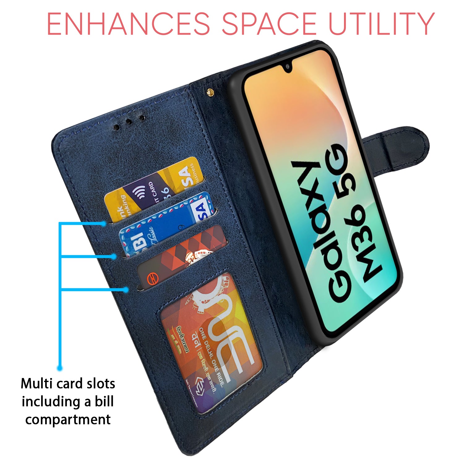 Pikkme Samsung Galaxy M36 5G Dual-Tone PU Leather Finish Magnetic Flip Cover (Navy & LightBlue)