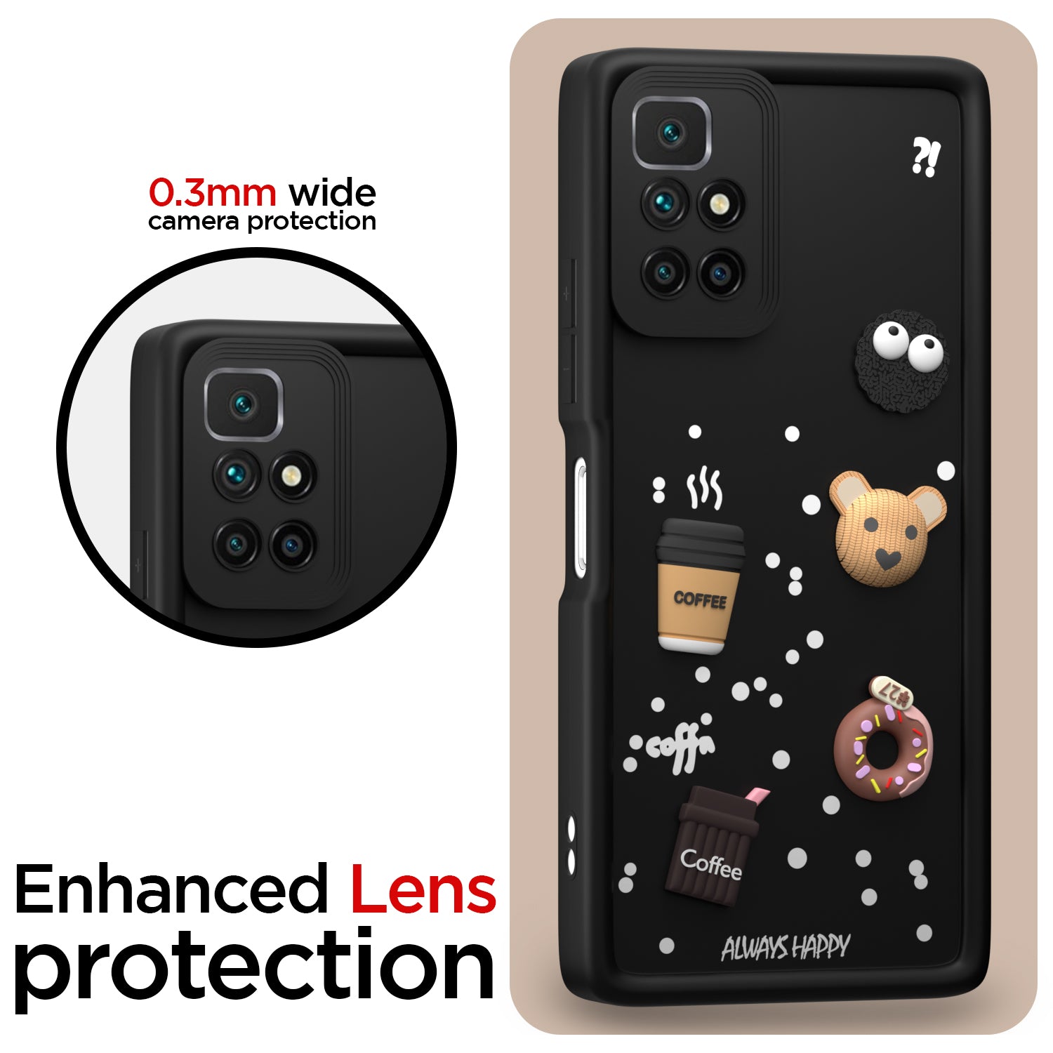 Pikkme Redmi 10 Prime Cute Fun Cartoon 3D Bear Coffee Back Cover (Black)