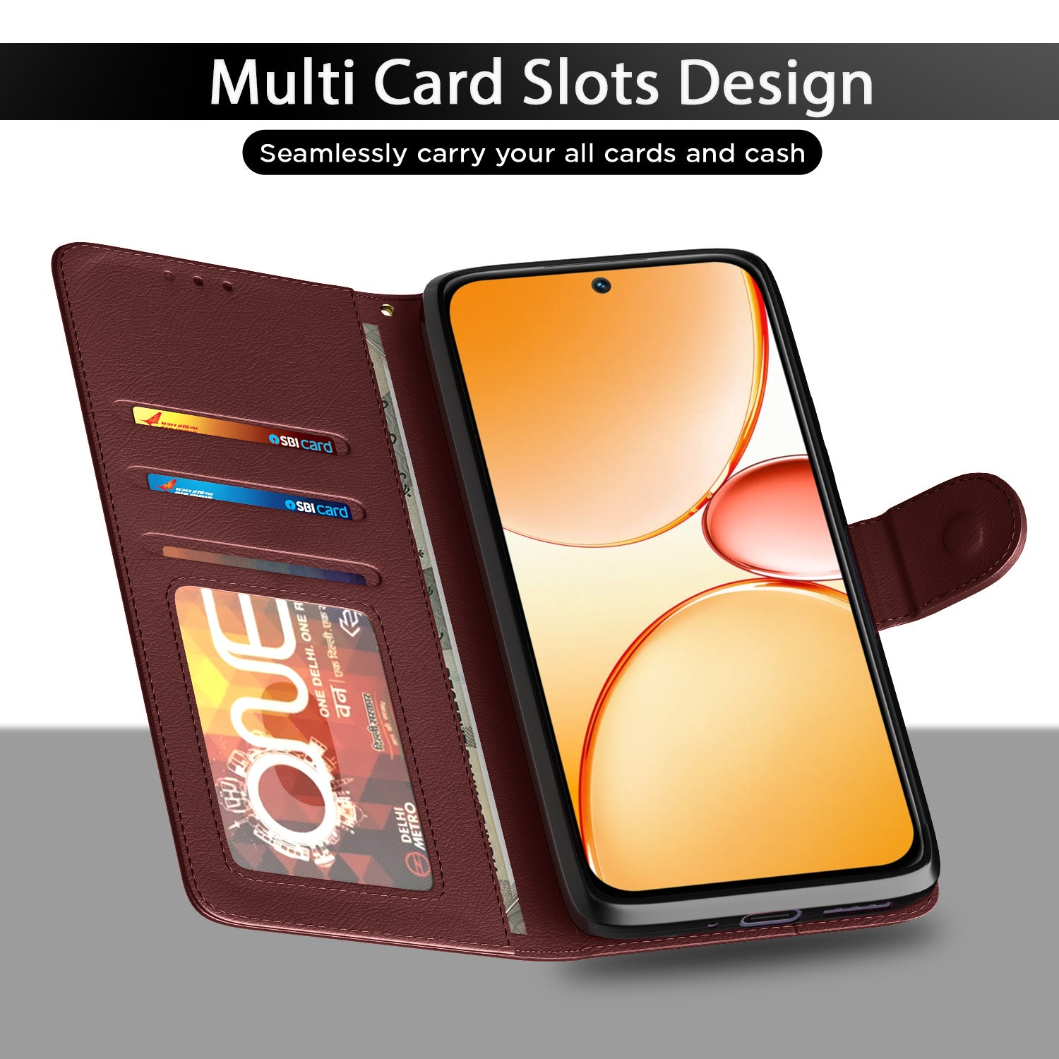 Pikkme Realme C85 5G Premium Leather Finish Vintage Flip Cover (Brown)