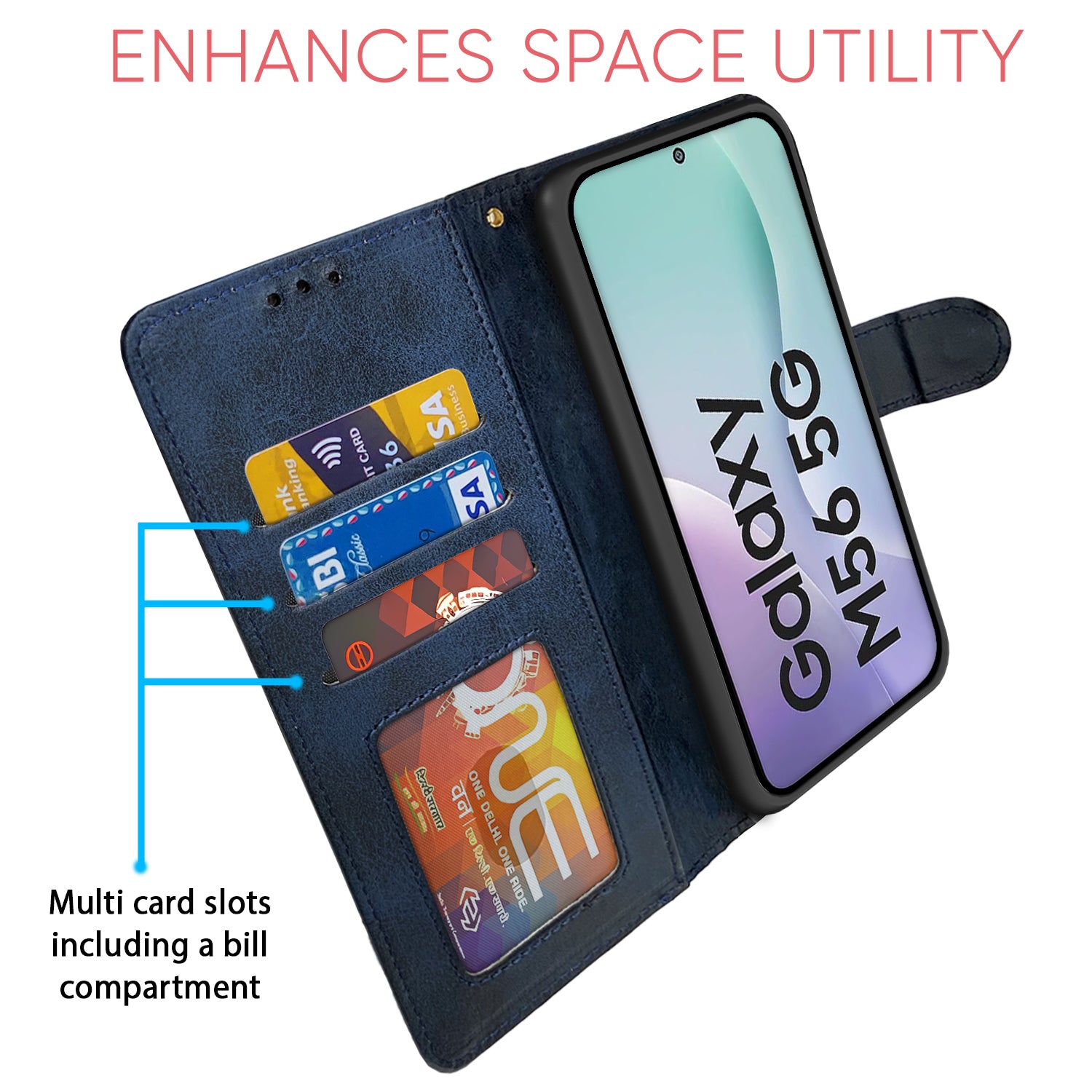 Pikkme Samsung Galaxy M56 5G Dual-Tone PU Leather Finish Magnetic Flip Cover (Navy Blue)