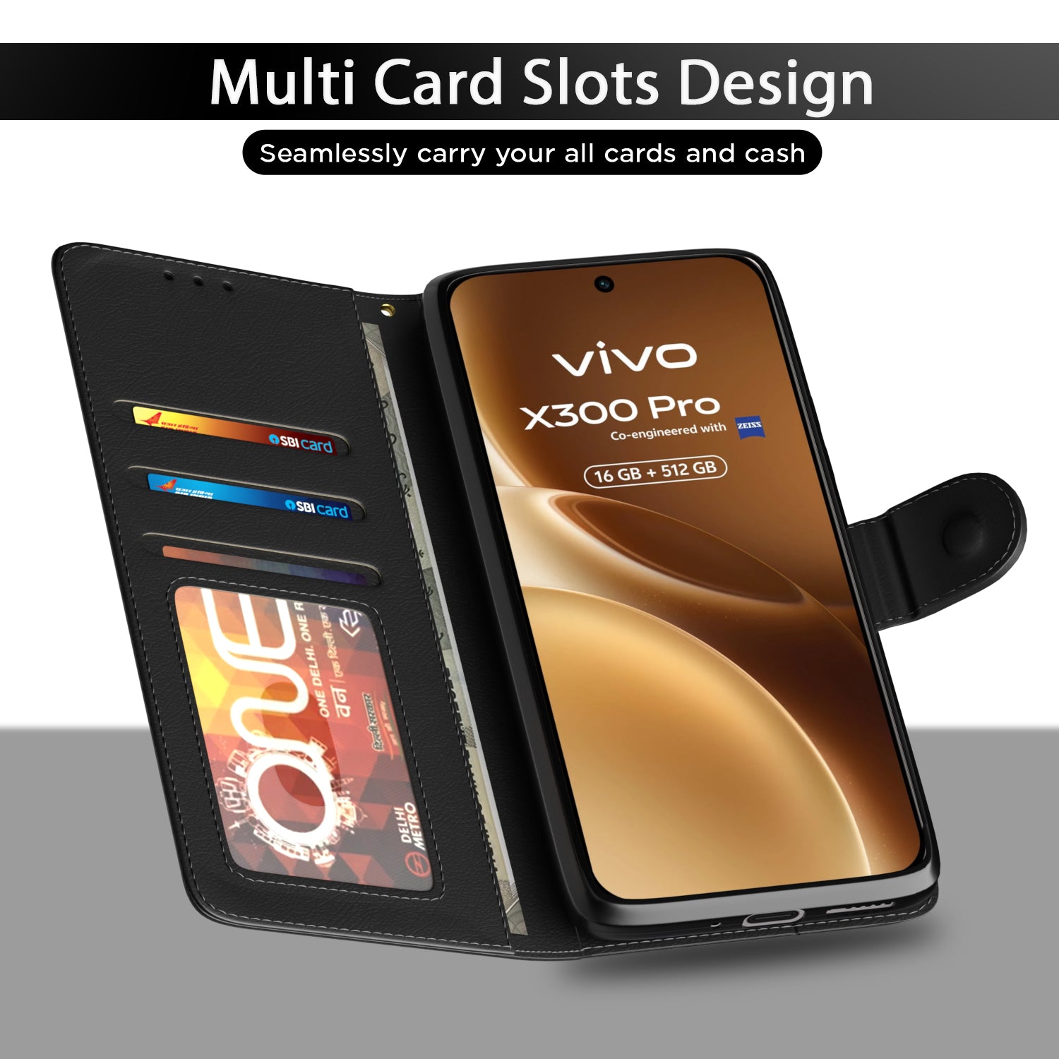 Pikkme Vivo X300 Pro 5G Premium Leather Finish Vintage Flip Cover (Black)